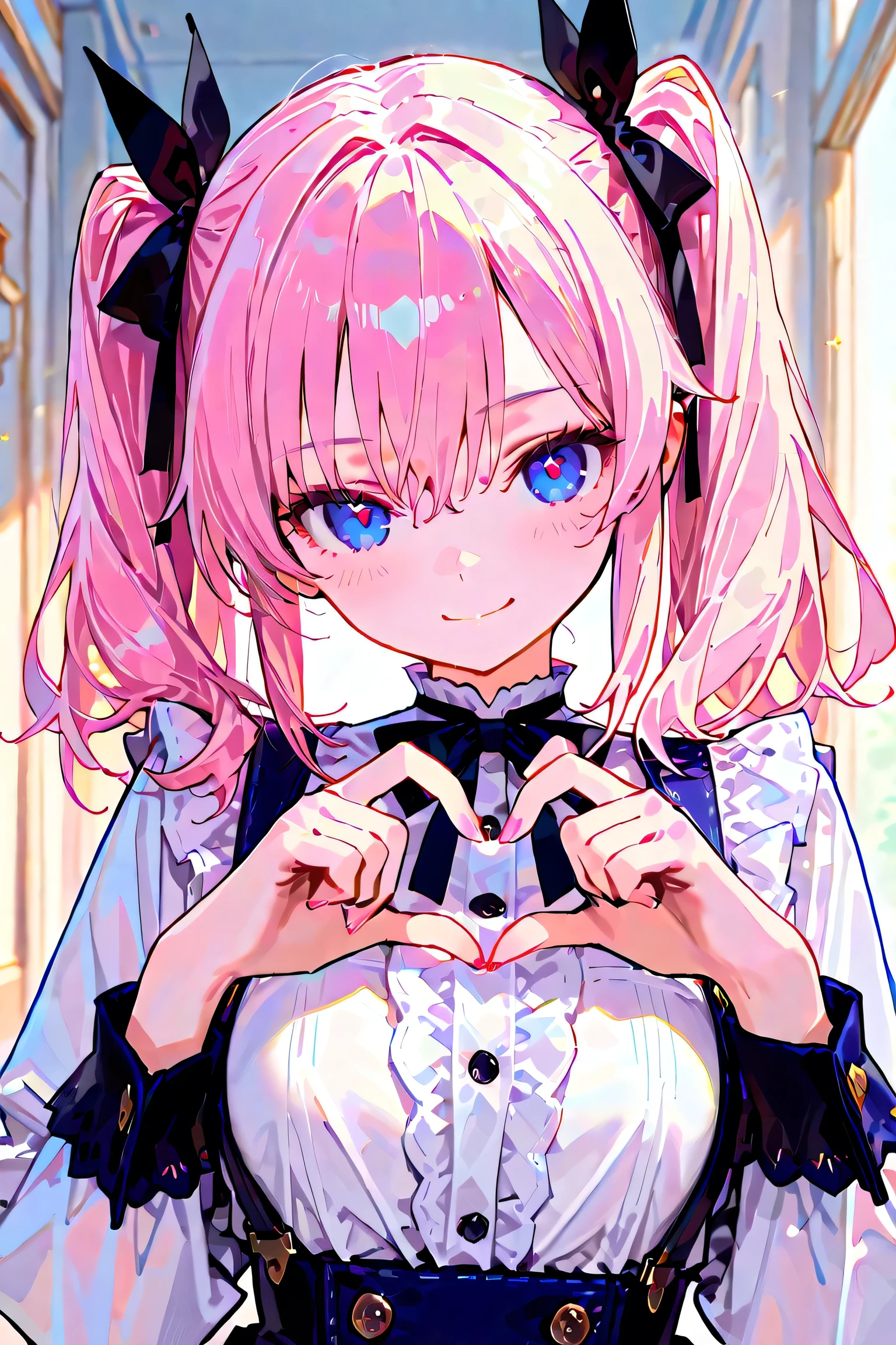 (masterpiece, best quality:1.4), extremely detailed CG, highly detailed, intricate, professional quality, perfect anatomy,
high_resolution,super_fine_illustration,detailed_skin,detailed_face,detailed_eyes,
Pretty Girl, Pigtails, and a Smiling Heart Sign