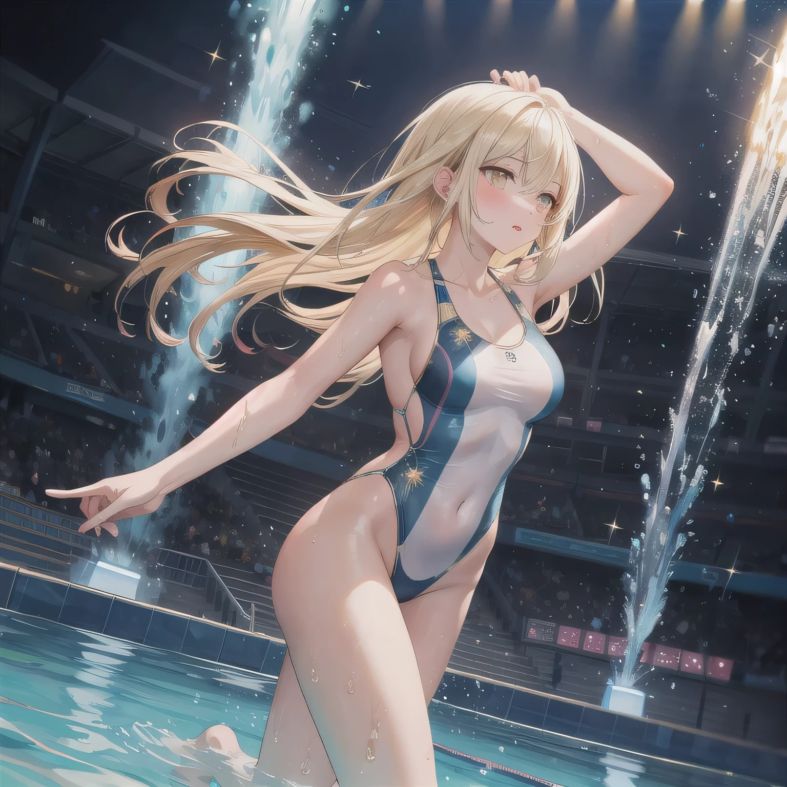 Depict a 20-year-old, breathtakingly beautiful woman performing synchronized swimming in a crystal-clear pool. She wears a stunning, form-fitting swimsuit adorned with sparkling embellishments, designed for both elegance and functionality. Her body moves in perfect harmony with the water, arms extended gracefully, legs executing a precise movement. The water ripples around her, reflecting the bright lights of the aquatic arena, creating a mesmerizing scene of beauty and strength. Long hair, blonde hair, golden eyes.