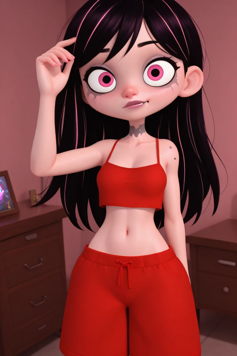 masterpiece,best quality, pixar, full body, 1girl, solo,  looking at viewer, long black hair,  smile, shy,  sfw, sitting, spread legs, nude body,