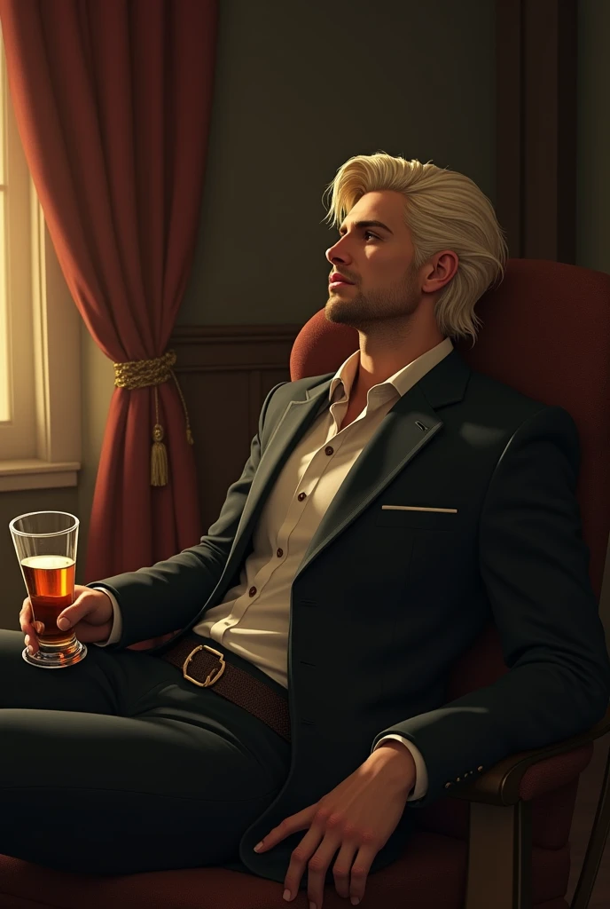 dim light, a muscular 35-year old male, glowing blue eyes, long blonde curly hair tied back, grey skin, wearing white pants, white shirt and with floral embroidery, standing near ornate fireplace, with glass of whisky, 8k, Unreal engine, highly detailed, octane render, photorealistic, dim light