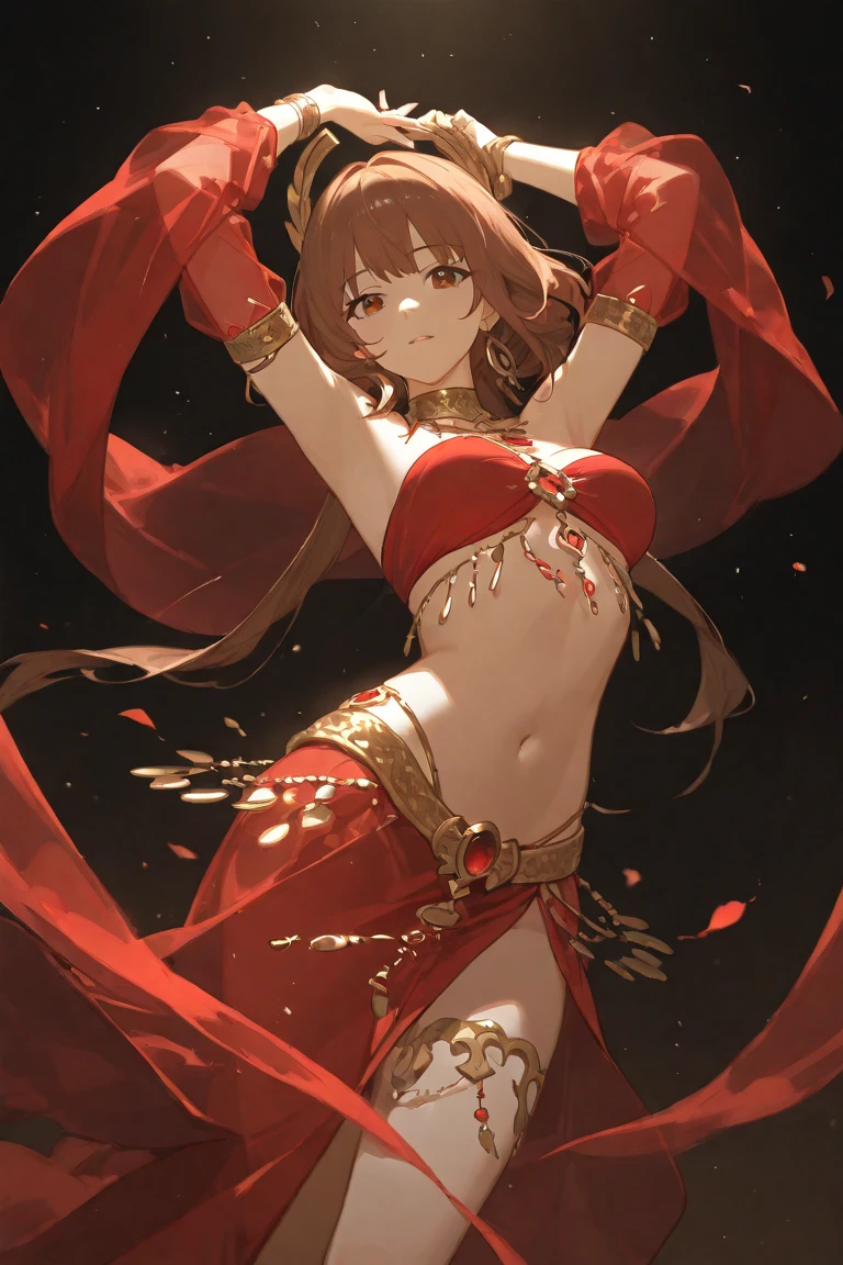 complex,intricate,(high definition),(anime:1.2),ultra detail,(masterpiece),(best quality),8k,game CG,vivid,amazing,finely detail,best quality,incredibly absurdres,ultra-detailed,highres,beautiful detailed girl pose,ray tracing, 1 anime girl, (isolated white background:1.4),jyojifuku, veil, bracelet, earrings, navel, necklace, see-through
, hapiness, (Smile), (Dance), Red hair, long hair, (curls), Brown eyes, , Large Breasts, (Dance costumes), (harem pants), (veil), (Coin belt), (Anklet), dancing, (background): 白色background