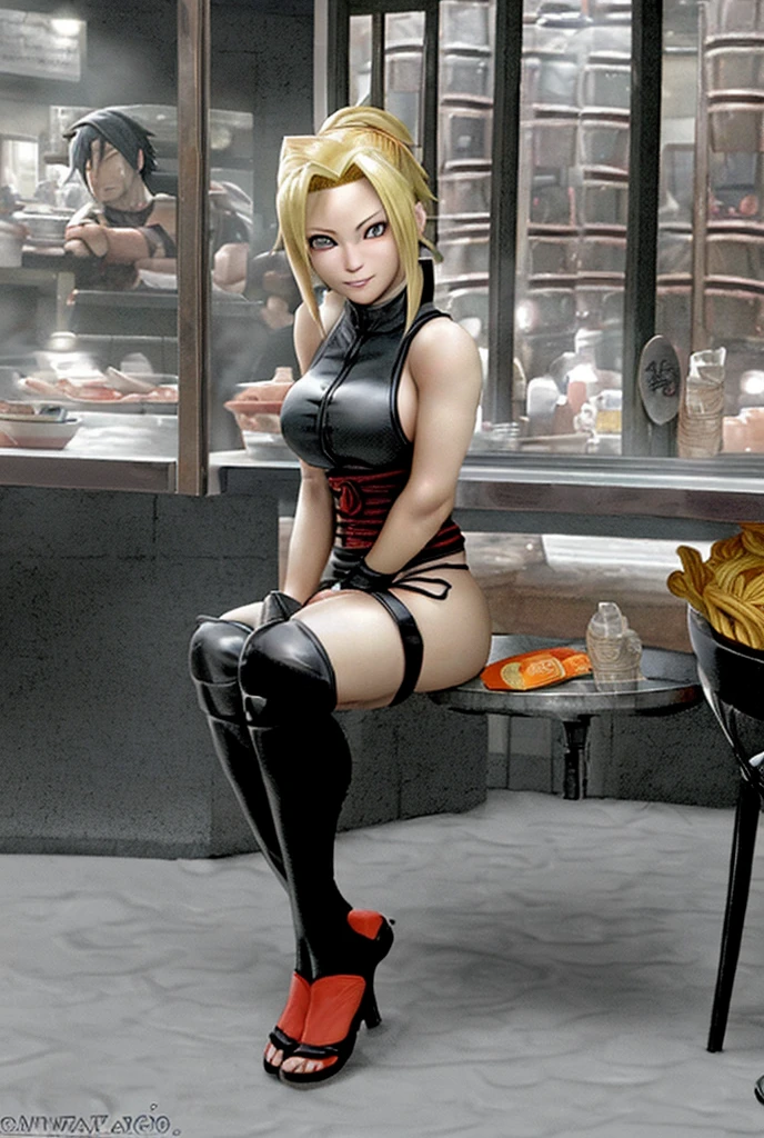 Blonde girl eating steak at steakhouse　Wearing sneakers　High leg shorts with suspenders　Large Breasts　Showing her belly button　Ultra low rise　Knee-high socks　　No underwear　Belt on chest