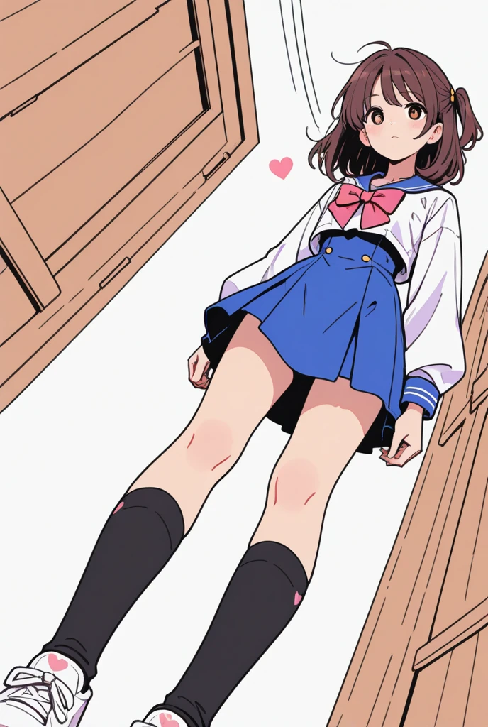 ((Highest quality)), ((masterpiece)), (detailed), (((Perfect Face))), ((A slim 16-year-old girl)), (((A girl wearing a short, tight navy blue jacket, White button-up shirt))), (((Dark blue pleated skirt))), ((Black Hair)), ((Black slanted eyes)), ((ponytail)), (((Are thin))),(((A shy smile))), ((Thin thighs)), ((Thin Hips)), (((girl looking away))), (((Teenage students in suits))), (((Empty Collar))), (((Bare thighs))), (((Wear sneakers)))、{{{Back view}}}, (((Flip up the skirt)))、(((Showing panties)))、(((Turn your butt))),(((Body pillow))), (((Tuck up your shirt))),(((Showing off your bra))),