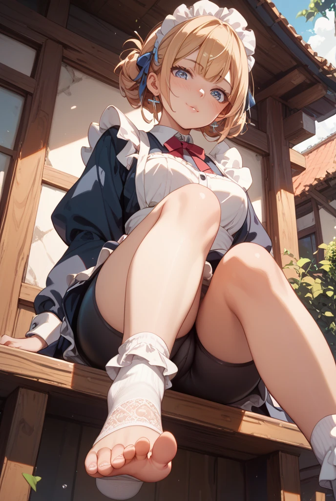masterpiece、Highest quality、Highest quality, (Long, slender legs, shoes:1.2), (squat, Spread your legs), 1 girl, (smile、Open your mouth大笑い:1.2), Cute eyes, (Detailed face:1.3)、Open your mouth, The whole face turns red, alone, Oversized breasts, Big and ample breasts, (Straight bangs, Bobcut), (White maid outfit:1.2)、(Nipples、Ultra-micro bikini that only covers the bust digs into the skin:1.2)、Side bust、Underbust、belly button、Walking through the mansion'corridor、Browsing Caution、shoes下
