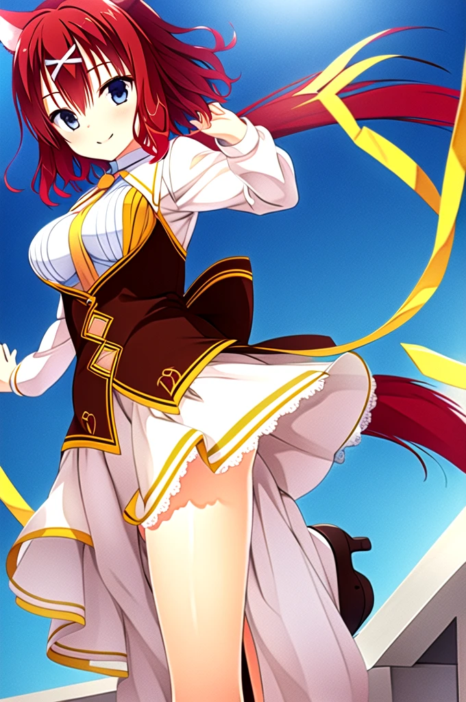masterpiece, best quality, beautiful art, high resolution, well formed hands, body and fingers, 1 woman, solo, Ganyu, goat horns, grown up, adult, cosplaying as Maki Genryusai , adult, big breasted, cleavage full body, long hair, hair ribbon, gorgeous legs and, thighs, sexy and skimpy red kimono, pelvic curtain, underwear peek, sexy Japanese clothes, hair ornament, elbow gloves, dancing seductively and erotically, turning backwards and forwards, showing her back and front, showing her butt, t back, bikini thong, smiling joyfully, sweating ,looking at the viewer, flirting, biting her lips, beach environment