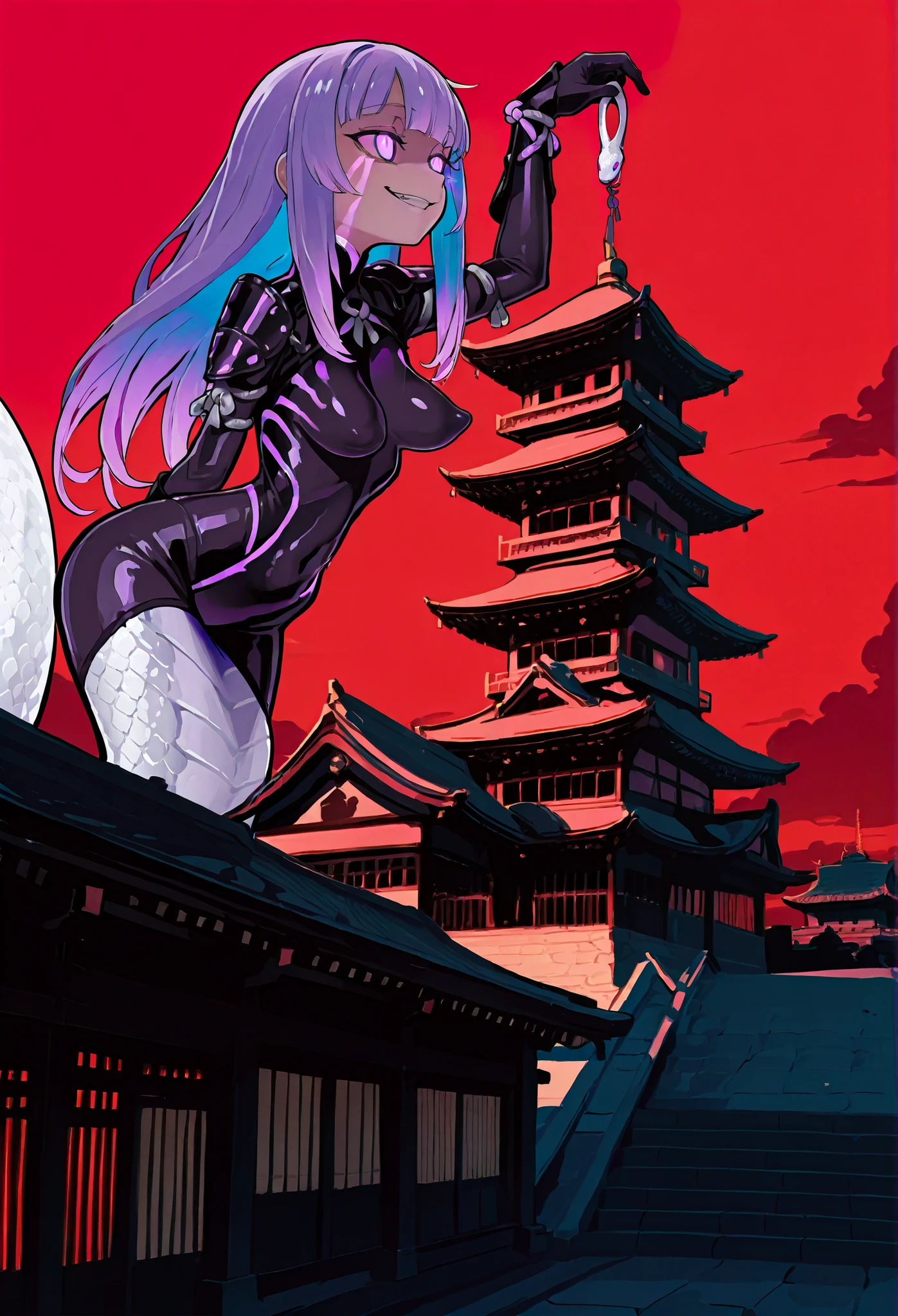 Lamia girl. Lavender colored hair. Long hair. Tie-up hair. Japanese samurai armor. Cyber bodysuit. Perky breasts. Slim waist. Purple glowing eyes. Sleepy eyes. Smiling. White snake body. Leaning against the castle. Black costume. Purple glowing lines. Red sky. Japanese castle. Leaning against the castle.