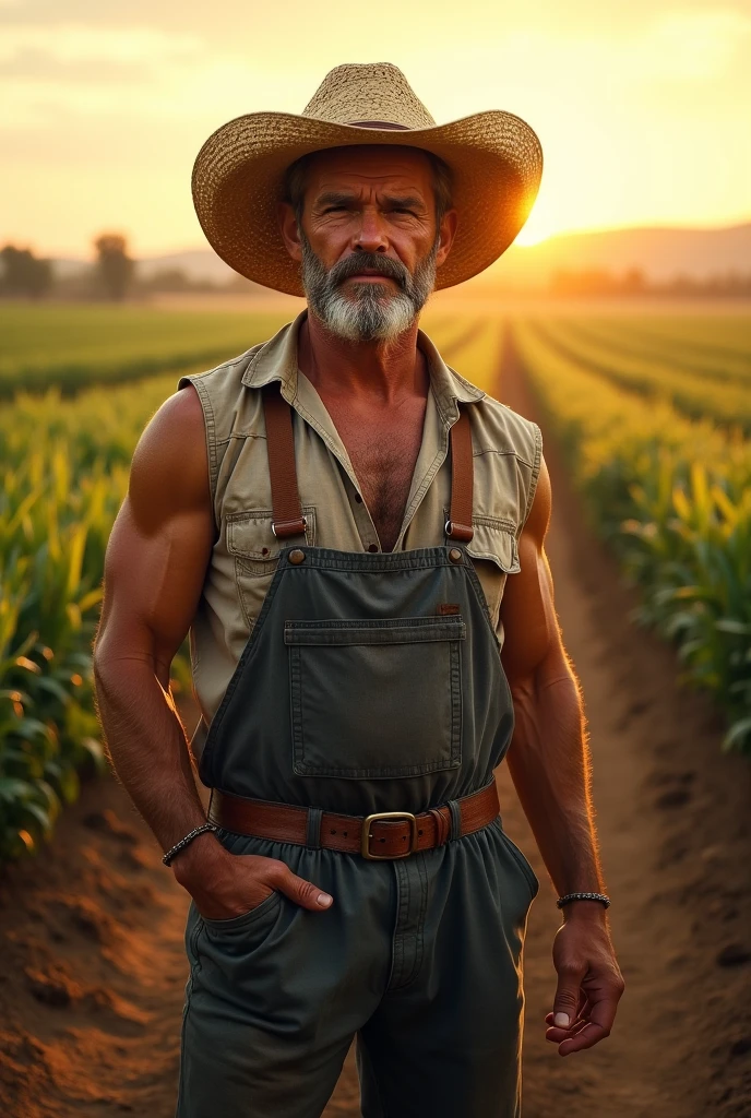 Senior bearded farmer with straw hat arms crossed in the field with sun behind him natural volumetric lighting and better shadows, profundidade de campo profunda, foco claro, Portrait of man 35 years incredibly beautiful muscles, corpo inteiro, belo rosto viril, barba, atraente com olhos claros, sorriso sedutor, cabelo cinza curto desgrenhado, camisa branca apertada, jeans, (messy painted body: 1.05), (fundo de rua com lojas: 1.15), hospital, (arms down 1.2), bandaged broken arm, Pitoresco, overexposure, renderizado, fotorrealista, NSFW, sexy,, claro, focado, Centrado, sensual, disco Rigido, 8k, DSLR, .RAW