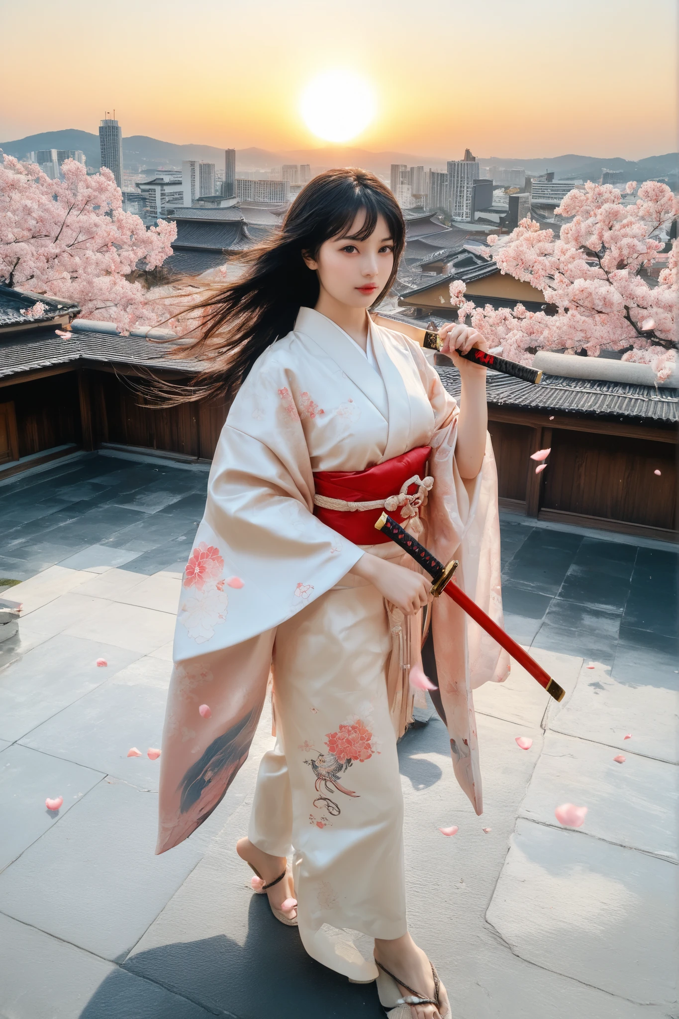 Full-body portrait of a young Japanese woman (age 20-25), standing on the tiled rooftop of an old Japanese temple at sunset, realistic anime fusion style. She's holding a katana with both hands in front of her body, blade pointing down, her posture calm but powerful. Her modern kimono is partially open at the back and arms, revealing intricate Yakuza-style tattoos: a majestic dragon across her entire back, koi fish and peony flowers down both arms, all in traditional irezumi design with deep colors and fine details. The golden sunset light hits her skin and ink, making the tattoos a visual centerpiece. Her long black hair is tied up, a few loose strands blowing in the wind. Cherry blossom petals float through the air, and the city skyline glows in the distance. Hyper-detailed, cinematic lighting, dramatic shadows, high realism, 8k, art by Wlop and Ilya Kuvshinov."