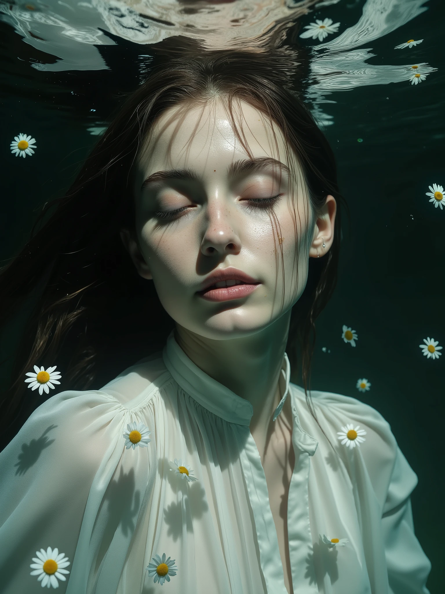 Prompt: A hyper-realistic underwater portrait of a woman, captured as if taken with a high-resolution camera. She has long, straight, dark hair, wet and flowing naturally around her head in the water, with individual strands visibly detailed and reflective. Her eyes are gently closed, lips slightly parted, showing a serene and tranquil expression, with subtle skin texture and natural imperfections visible on her face. She has a slender build, with only her head, shoulders, and upper torso visible, floating just below the water’s surface. Her pose is relaxed, with one shoulder slightly lower, forming a gentle, organic curve, conveying weightlessness. She wears a white, long-sleeved blouse, lightweight and slightly translucent from being wet, clinging subtly to her skin to reveal natural contours, with a high neckline and no visible embellishments. The fabric’s texture is crisp, showing realistic folds and water-induced sheen. The water is crystal-clear with a faint greenish-blue tint, refracting light realistically and creating soft, natural distortions. Lighting is soft and diffused, mimicking natural sunlight filtering from above, casting delicate highlights on her face, hair, and blouse, with subtle shadows that enhance depth without harshness. Small, white daisies with vivid yellow centers float on the water’s surface around her head and shoulders, their petals detailed and slightly translucent, catching light naturally. The background is a deep, solid dark color, almost black, providing stark contrast to her white attire, pale skin, and the bright daisies. The scene is devoid of any painterly or artistic stylization, aiming for a lifelike, photographic quality with sharp details, realistic textures, and accurate light behavior, evoking a surreal yet tangible mood of calm and introspection.