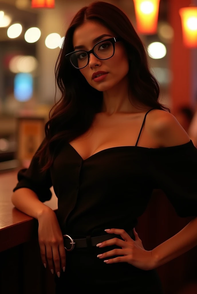 Beau, cheveux bruns, femme, visage parfait, Sexy, porter des lunettes noires ordinaires, assis dans un restaurant, porter une robe noire