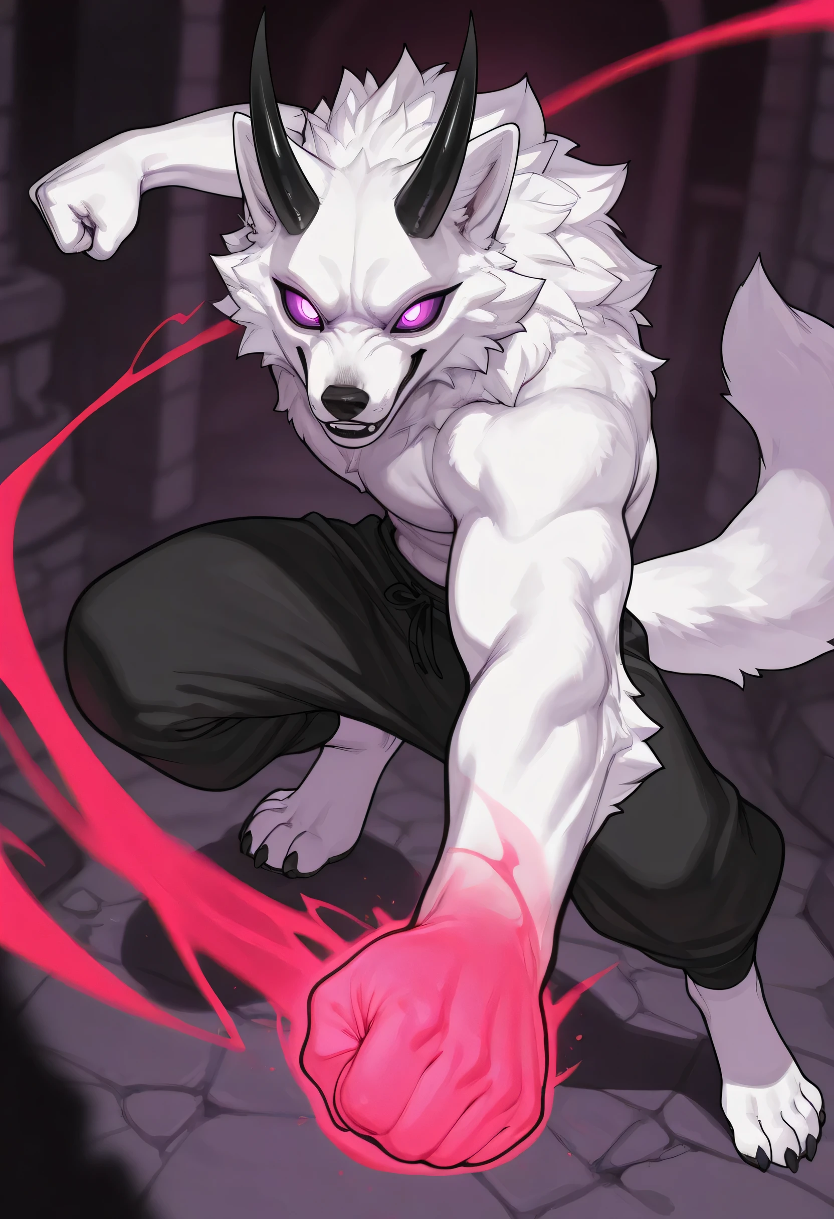 (soft shading, 4k, hi res, detailed face, detailed, Best quality, masterpiece, perfect line art, perfect body, detailed anatomy, blurred motion, dynamic pose, perfect shading), by bebebebe, by darkgem, by spiritd, solo, 1male, Wolf, white furs body, black horns, muscular body, adult body, tail, dark sclera, purple eyes, glow eyes, tail, black baggy pants, barefoot, creep smile, defiant look, right fist on dark red energy, right hand punch, right fist towards the viewer, in the ruined castle hall