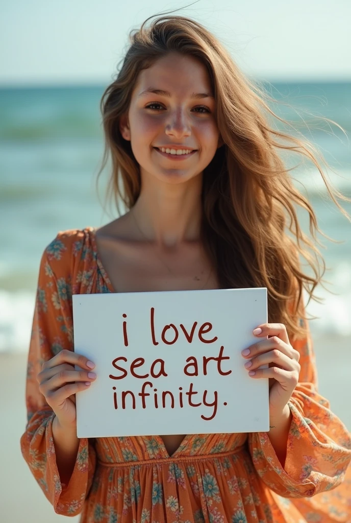 Beautiful girl with wavy long hair, bohemian dress, holding a white board with text "I Love Seaart Infinity" and showing it to the viewer