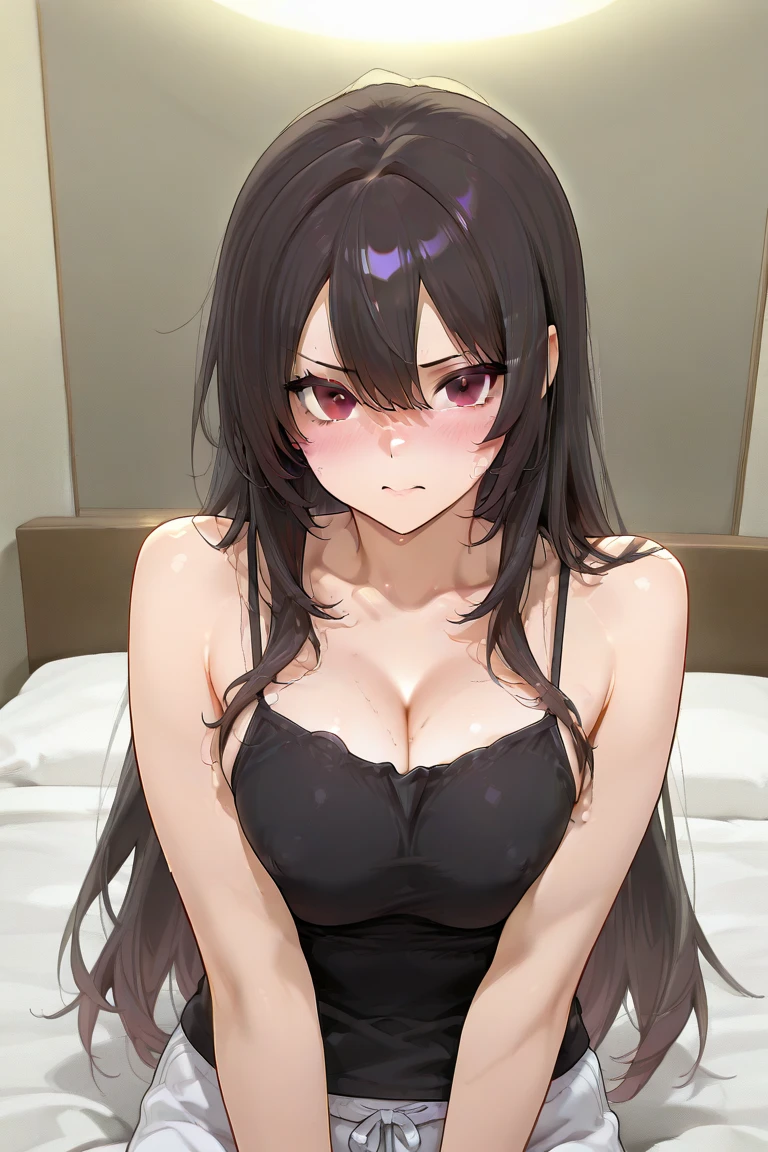 (best quality, masterpiece, ultra-detailed, perfect pixels), 1girl, rio, seductive, busty, perfect body, blunt bangs, long hair, hair ornament, hand on own chest, on bed, lying, close-up, pov, parted lips, nipslip, black bra, cleavage, steaming body, blush