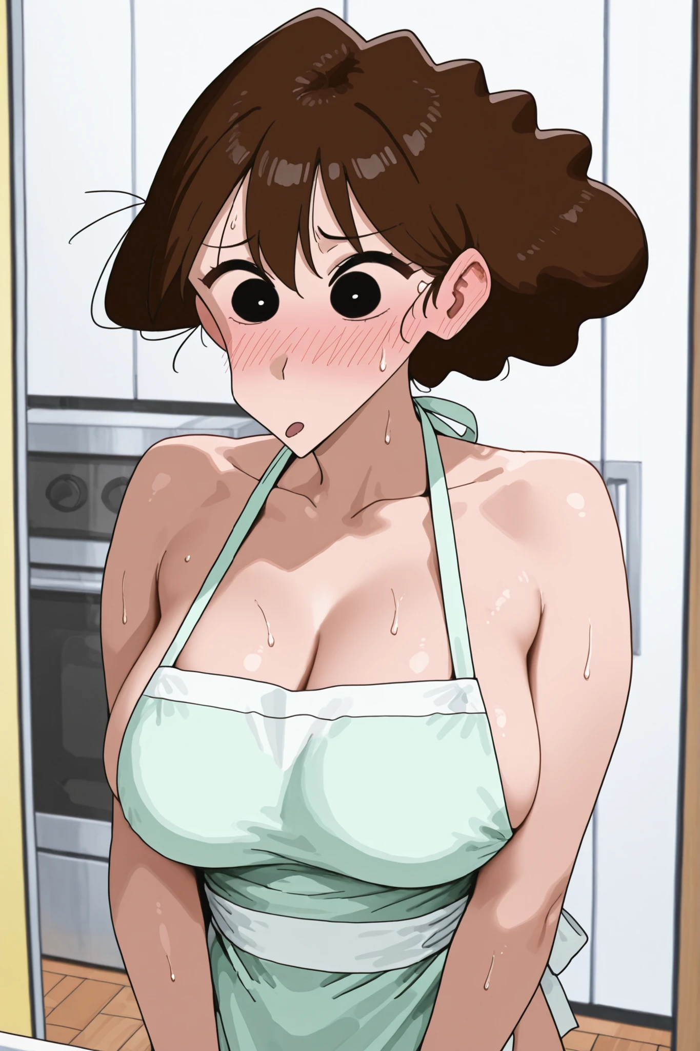 Lora: misae nohara dark brown hair black eyes she is blushing red sweating indoor atmosphere cleavage apron only naked big breasts side breasts