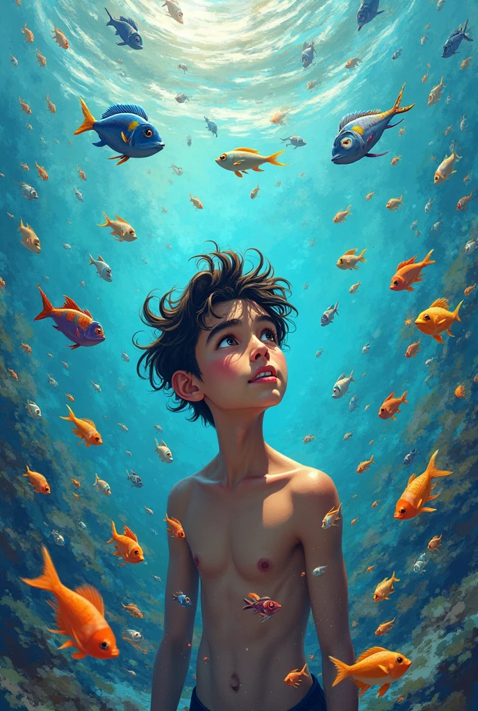 ((A teenager boy is standing in the underwater floor)),(there are different species of fishes and colourful corals),aquatic animals,full body shot,front view,telephoto lens,vibrant colours underwater,no blurry background,bare from the waist up,bare feet,wearing only short black pant,cinematic lighting,CGI render,Beautiful photography,delicated features,good face,good hands,good leg,good eyes,highly resolution,highly quality,symmetrical,crisp quality,intricate figure,unreal engine,trending on artstation,UHD,HDR,sharpness,hyper realism,realistic colour,ultra detailed concept art --auto --s2