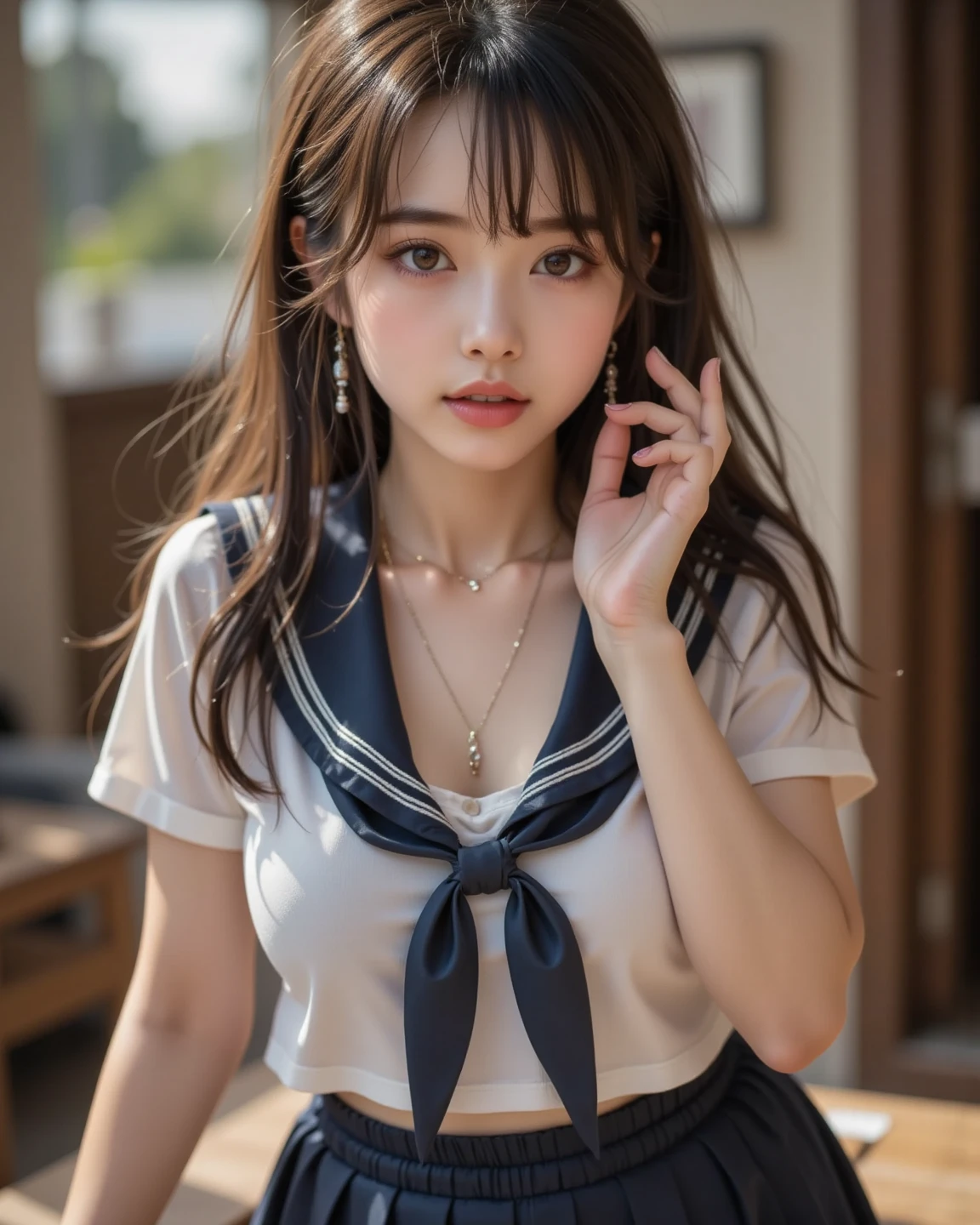 (8K, Raw photo, realistic:1.25) ,{( lip gloss), eyelash, shiny face, Glossy skin}, {highest quality, ultra high resolution}, Depth of written boundary, chromatic aberration, caustics, wide range lighting, natural shading,){ Look at the viewer with a calm expression::18-year-old, happiness like a goddess}}., , {{sailor suit:See-through:pink good:nipple}}, {mini skirt},{{simple background:white}}
