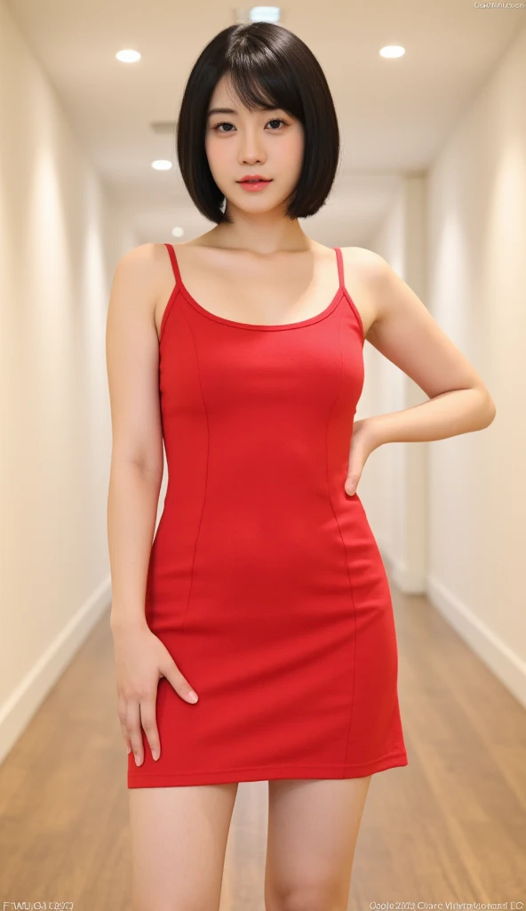 highest quality, Realistic, Very detailed, finely, High resolution, 8k wallpaper, Beautiful woman,, Light brown ponytail hair, Wearing a red short dress, Perfect dynamic composition, finelyて美しい目, Realistic , smile, Model Body Type、Earrings,necklace-Net,(clock),Beautiful feet,City of night、talk、Chatting,Full Body Shot,Smile and laugh,