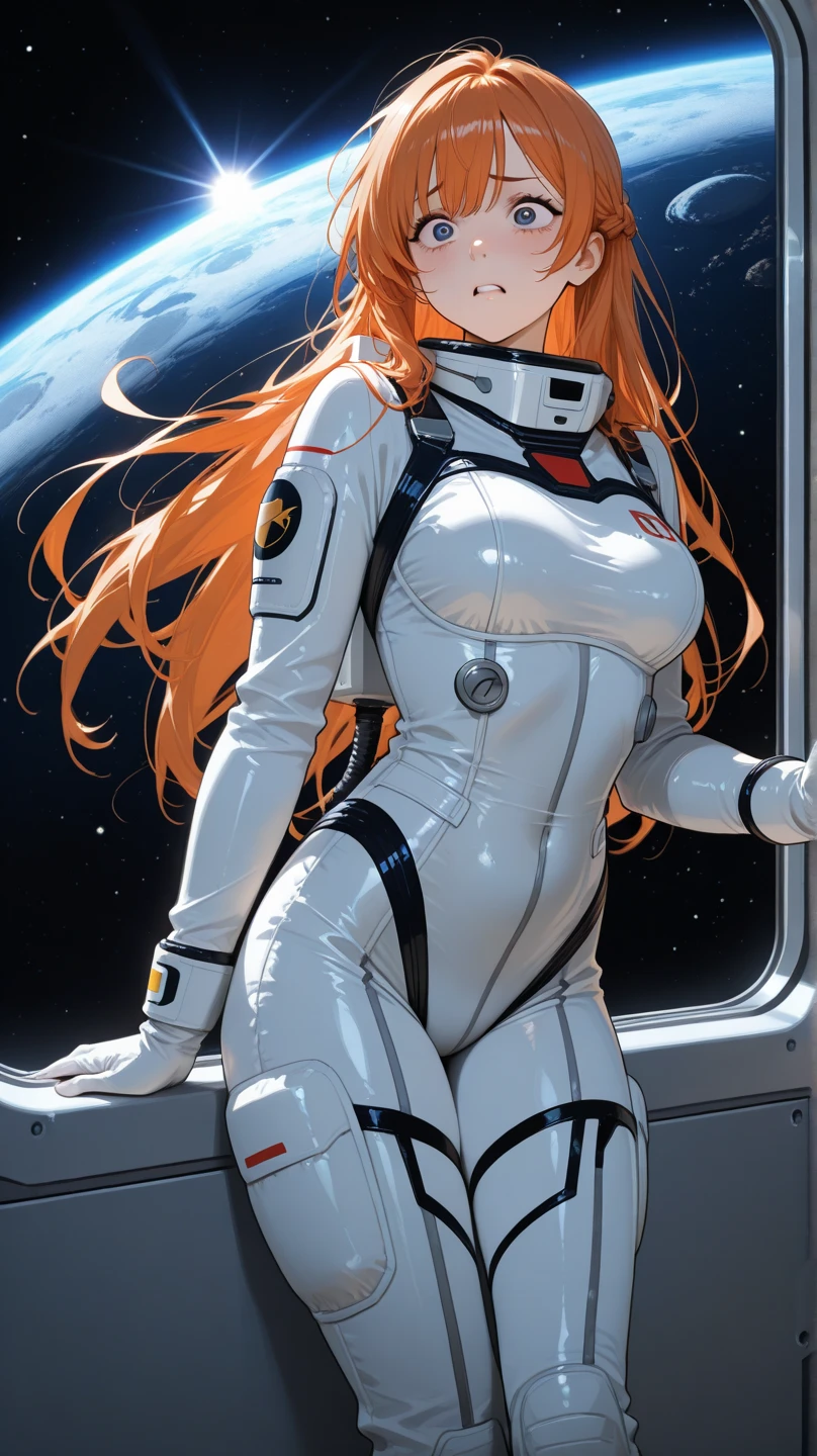 masterpiece,best quality,super detailed,ultra detailed,extreme detailed,extremely detailed,ultimate detailed,hyper detailed,JENNALYNNMEOWRI ,REDHEAD WOMAN, breast,wearing a unique suit not an astronaut suit, (in space)<lora:jenna:0.7>