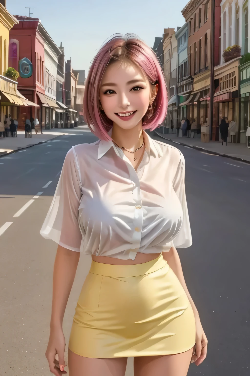 (masterpiece, Top Quality,8K Ultra HD, realistic), (1girl), beautiful face grin, light yellow sheer blouse, brown tight mini skirt, pink bob hair, beautiful face, (Big Breasts), white skin, white thighs, I'm sweaty, sexy, Stand Pose, (background: Main Street )