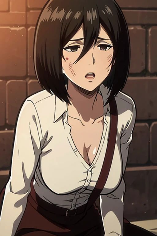 Tifa Lockhart (final fantasy VII), 23 years old, short hair (pixie cut), pointed nose, thin lips, busty, wearing formal shirt (white), {centered image}, {just face and chest photo}