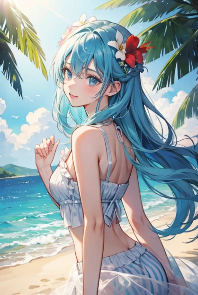 cowboy shot, sum_eirika, looking at viewer, swimsuit, bikini, red flower in hair, (masterpiece, best quality, ultra-detailed, best shadow),