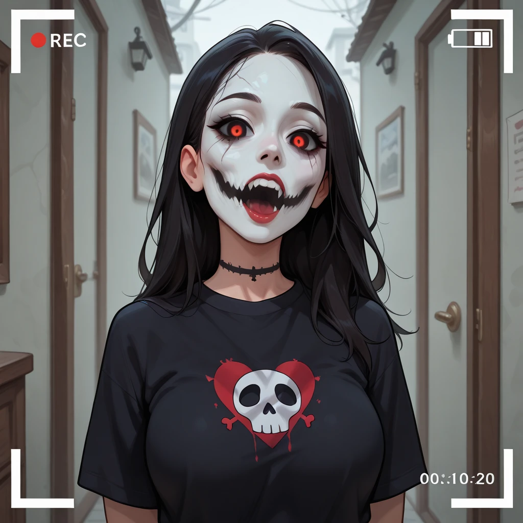 a demon of black shadows with red eyes who runs towards the camera in a horror film effect and is scary