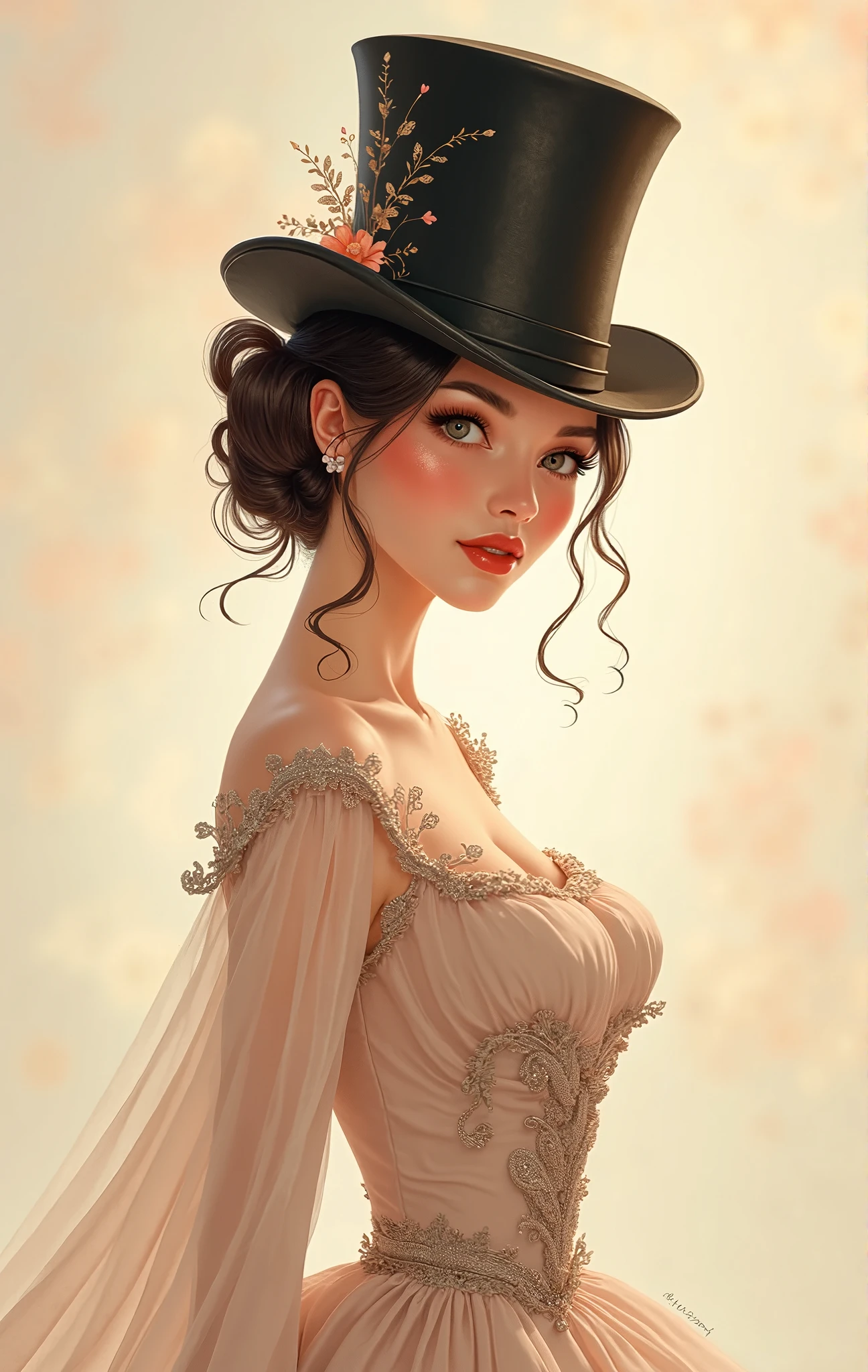 She was wearing a long hat with a rose on it、She has a G-cup bust and wears a dress with a belt around her waist.、Overall in navy blue、Wearing a sheer top underneath her clothes、A girl with purple lipstick and moon earrings