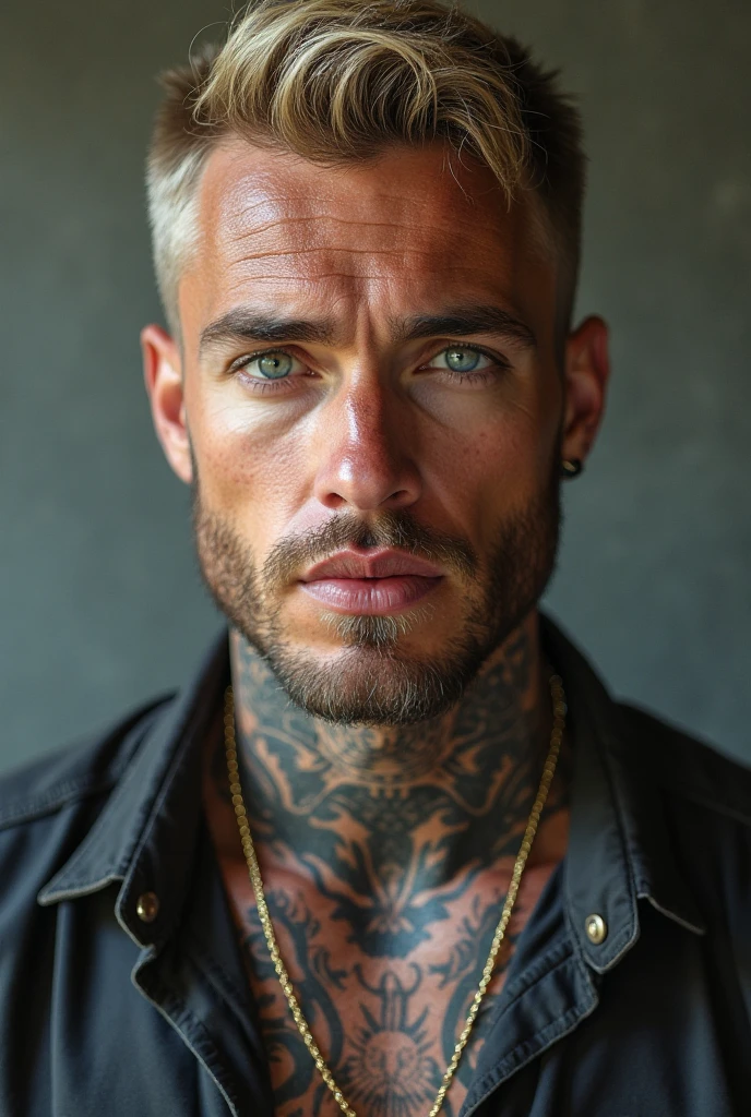 create image of a handsome man, skin fair, italian, blue colored eyes, well defined face, stark, platinum gray hair, perfect mouth, tattoo on the chest and arms, in a black shirt with the top buttons of the shirt open, 8k ultra HD image, realisitic