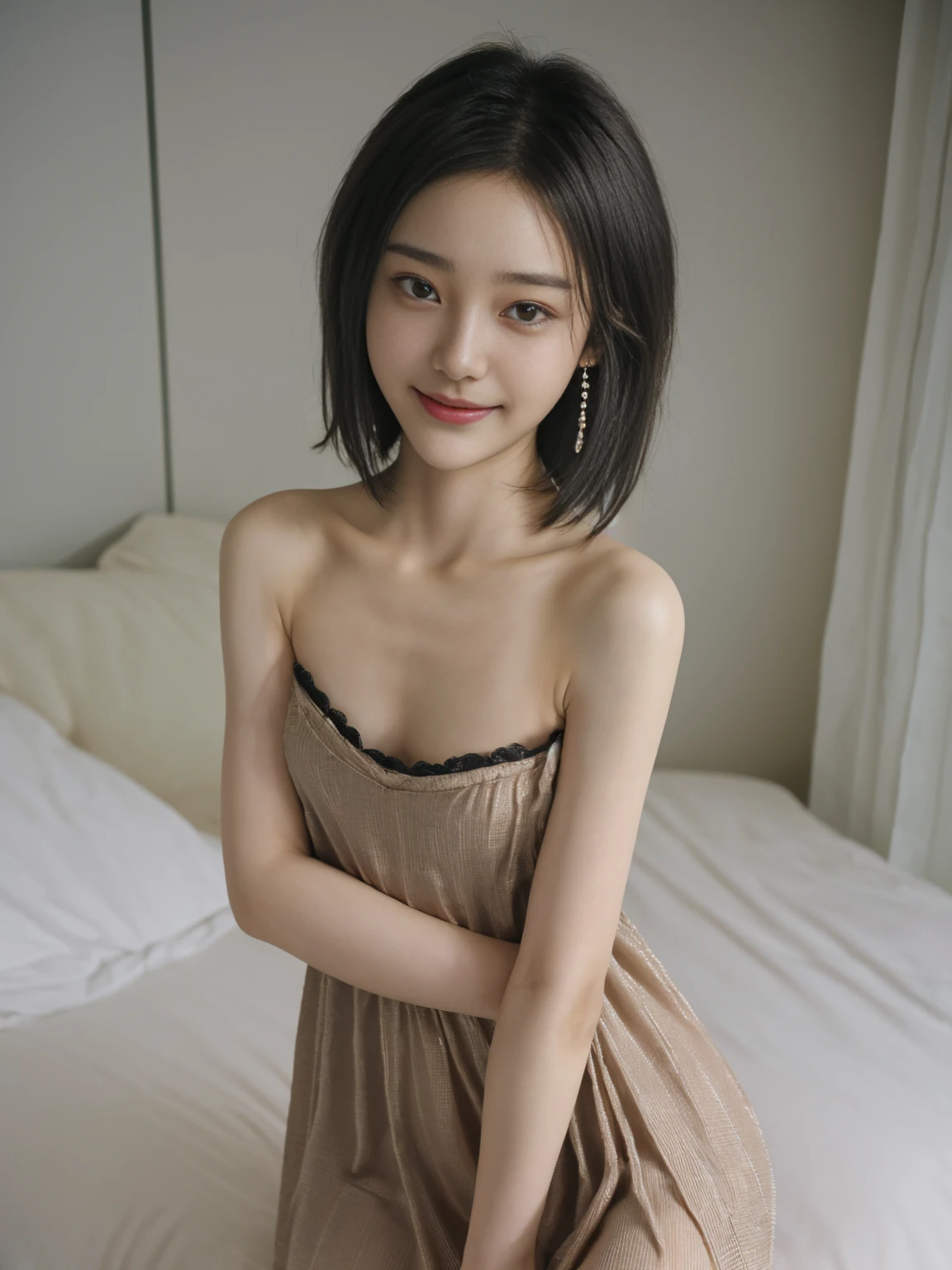((Night, Real Light, Top Quality, 8k, Masterpiece: 1.3)), Slender Figure: 1.4, (Brown Hair, Colossal: 1.8), Very Big Breasts, Colossal, Summer Clothes, Mini Skirt, Crawling on All Fours, Both Knees on the Floor, Gap Between Clothes and Chest, Open Legs, Ultra Detailed Face, Detailed Eyes, Double Eyelids, Dark Eyeliner, Full Smile, Earrings, Small Necklace, Bangles,