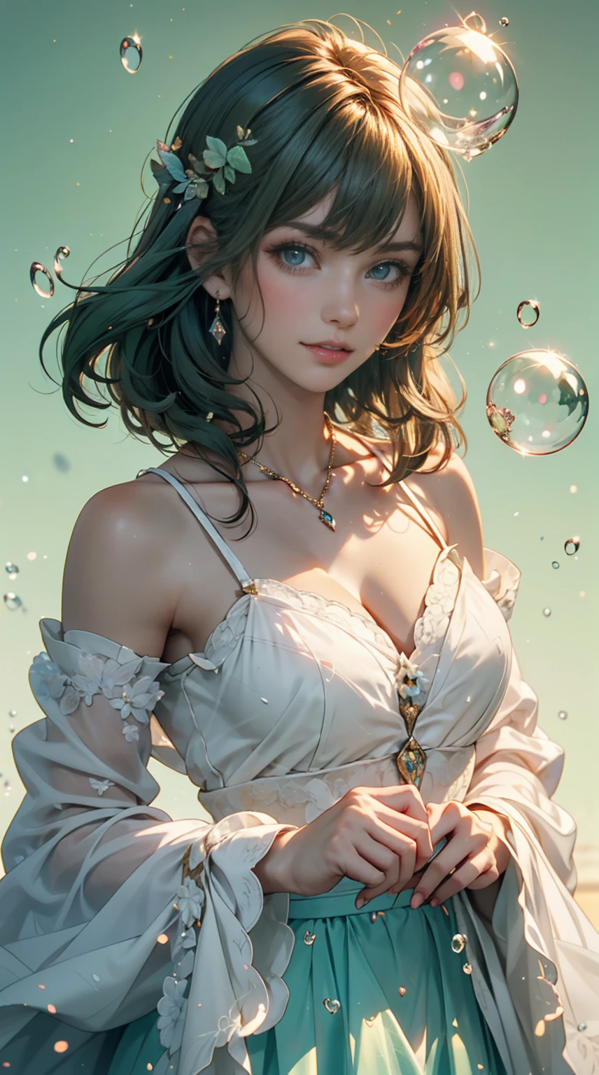 alone, One girl, Purple eyes, Purple Hair, bubble, View your viewers, Portraiture, Half-closed eyes, short hair, Mouth closed,shiny bubbles,bubbles, colour shining in bubble, reflective bubbles,bubbles ,bubbles all around, turning into bubble