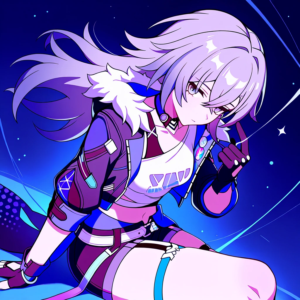 (Masterpiece, anime, kawaii, best illustration, aurora and shadow), (1boy:.6), solo, (non binary:.8), (girl focus:.7), (mature:.9), transgender female, white hair, bicolor hair, jacket, blue jacket, pink gloves, pink eyes, white hair, headband, white jeans, colorful hair, blue headband, colorful clothes, Hair behind the ears, long hair, green tights, looking at the audience, open jacket, yellow jacket, arms up, multicolored tights, gothic eyeliner, wristbands, emo punk style, (punk: 1.5), jewelry, (dynamic angle), (two fingers show peace gesture, hands up), depth live, tattoos, (Minneapolis downtown: 2), (best sunlight: .8), (lens flare: .9), wind blowing hair, (side light), (volumetric lighting), stunning