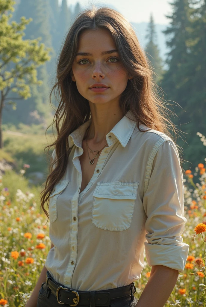 Woman in white lace silk blouse against the sunset in the forest