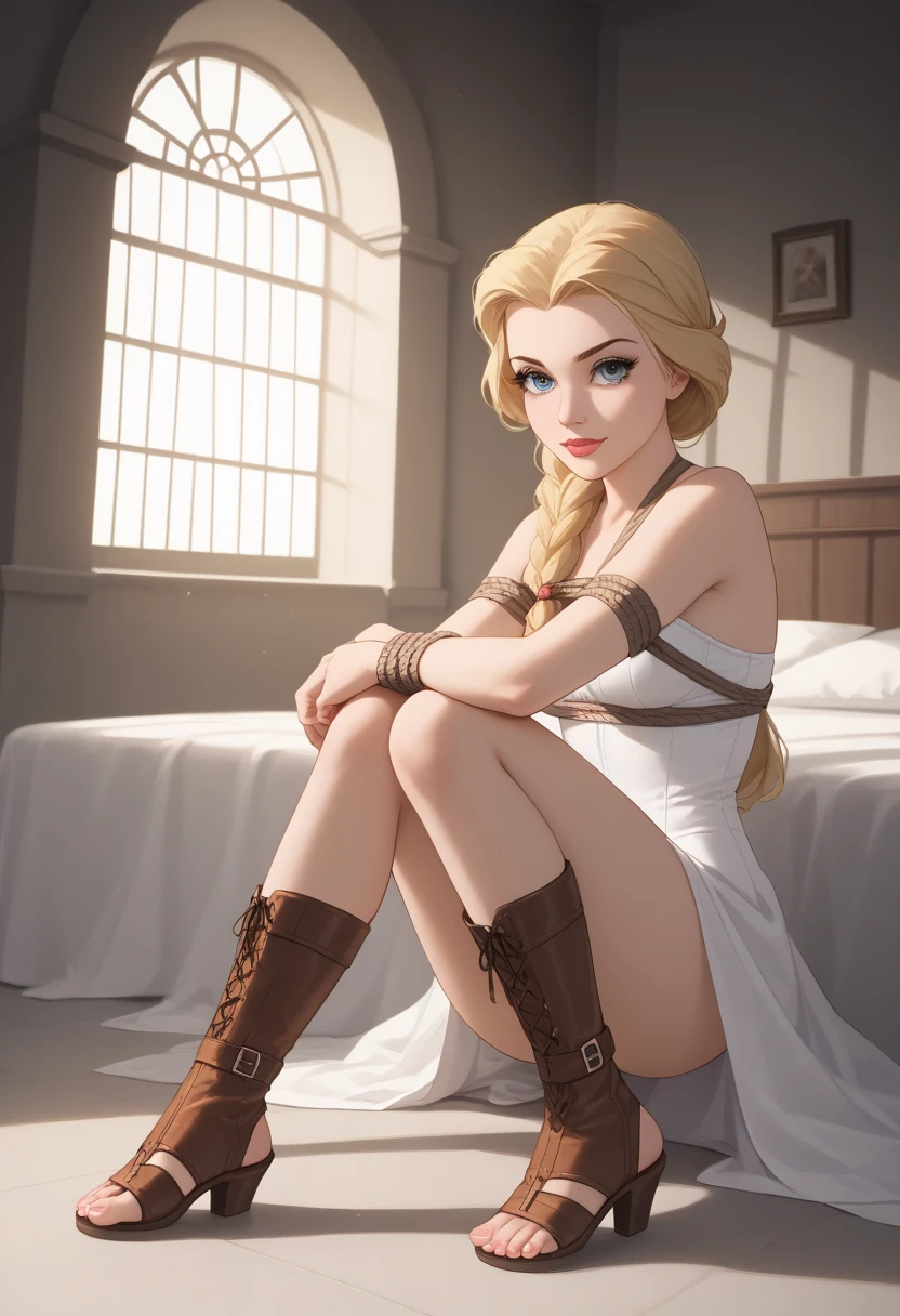 a beautiful teen emma watson dressed as a medieval nurse. blue eyes. freckles. intricate white leather costume, skirt, crop top. as a captivating figure amidst the ostentation. slender and graceful. lying down resting on bed.