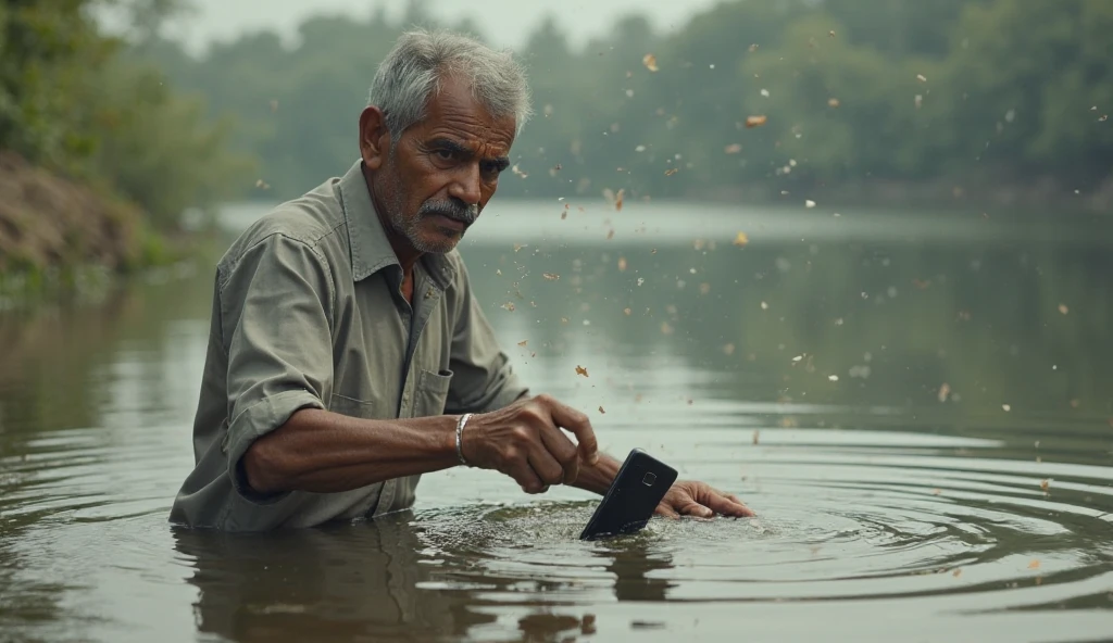 A man can't make a communication for the reason of flood in Bangladesh . So he annoyed. He has a mobile phone in his hand