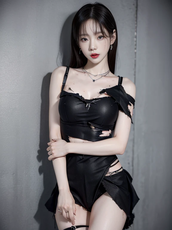 tifa lockheart,18 years old,(Pale skin),necklace,(black collar:1.0) ,(earrings 、deep sadness、sorrow、Red lips open . Begging for mercy in front of the camera:1.2)(masterpiece,original photo,best quality,detail),Endless Realism,High-granularity CG integration 8k, Full body image:1.5 (Sweat)(Sexy pose),Perfect body (Very tight dress,Has deep cleavage,Clothes are torn,The material is very thin:1.0) Hands tied behind back:1.7, Hands tied with chains:1.6.Kneel down with slender legs:1.0