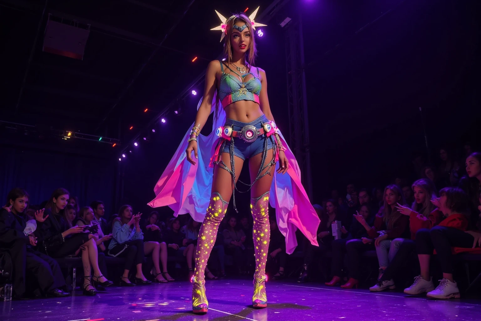 Depict a fashion show where the models wear intentionally ugly and outrageous outfits, pushing the boundaries of taste and style.