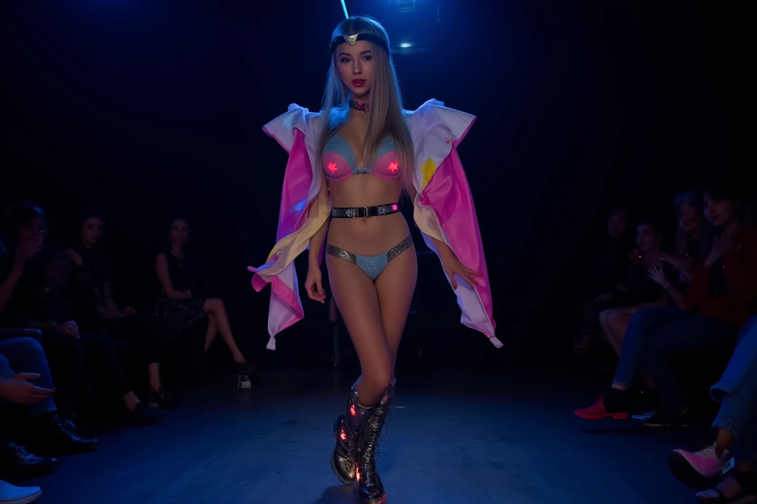 Milla Jovovich *ahe 20, neon rainbow hair, matching metal tape outfit) is performing on stage, likely performance, big leg movements