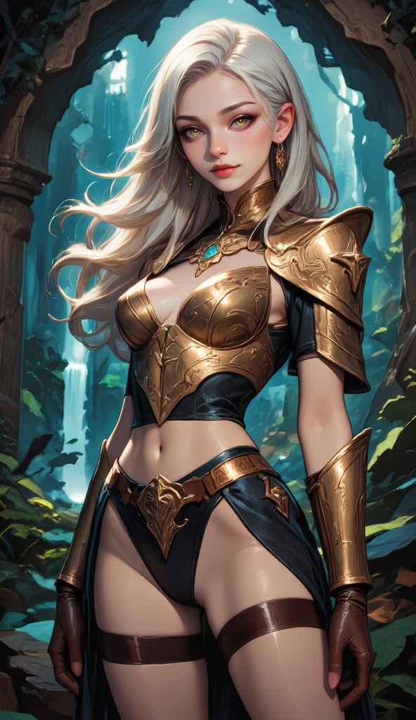 Blonde haired woman with braids, (Armadura nordica decotada dourada). Golden armor with glossy chrome black with sharp reflections. Pedras preciosas. ombros nus. (tiara). Low muscle definition. Pernas lindas. Ombros nus visiveis. Detailed lighting. artistic work. Beleza extrema. Roupa com efeito de gradiente colorido intenso. Professional image with high saturation. Camera profissional. illustration. cores vibrantes. olhos amarelos vibrantes, manto, capa de pelo, olhos dourados brilhantes, simetria, olhar intenso, detalhes pretos nas roupas, aura dourada