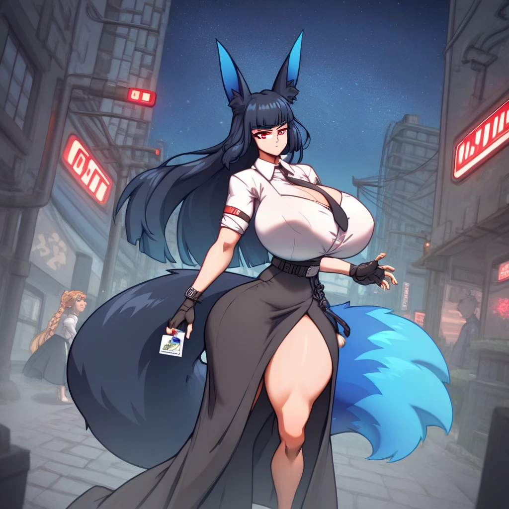 (tall female ,size difference:1.3), bunny girl suit, (standing next to small man), (small man leaning on leg), kneeling in a street,wolf girl, red eyes, grey hair, big breast,big ass,size difference