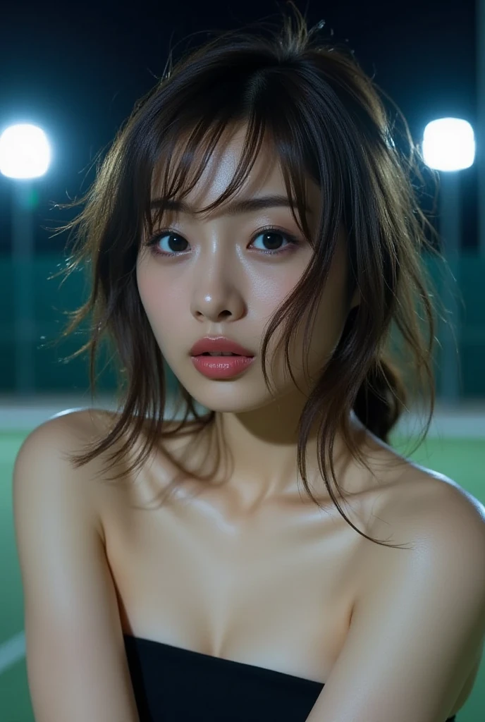 (SFW:1.6), Best_Quality, (masterpiece:1.2) of professional Analog Hi-Res photo, (realistic and photorealistic with touch of rawness:1.37), a close-up portrait of (KAWAII princess wearing thongs), Infinity pool on the roof of Skyscraper, Golden sky at dusk, intricate lighting effects with light particles, ((many colorful lights (dazzling bokeh))) . BREAK { Mystic sight | (many Luminous Particles:1.4) | sparkling splash | flying droplets | Rain drops | Luminous water surface | enjoying summer festival | Big City and Brilliant Skyscrapers }, { Childish | Gigantic Cleavage | Half Laying down | number on arm } . BREAK (((NOGIZAKA))) Extremely Detailed very KAWAII face variation, captivating gaze, elaborate detailed Eyes with (sparkling highlights:1.2), long eyelashes、Glossy RED Lips with beautiful details, Coquettish tongue, Rosy cheeks, Wet Glistening ivory skin . (Dynamic joyful expressions), { pleasure in agony | Ecstasy | :D | screaming | Perplexed } . hair and eye color is same color, { Full of flowers | Chained Red leather high collar | Red ribbon | Tiny Coronet | Pearl piece | half updo | short bob }, from diagonally angle, Volumetric lighting .