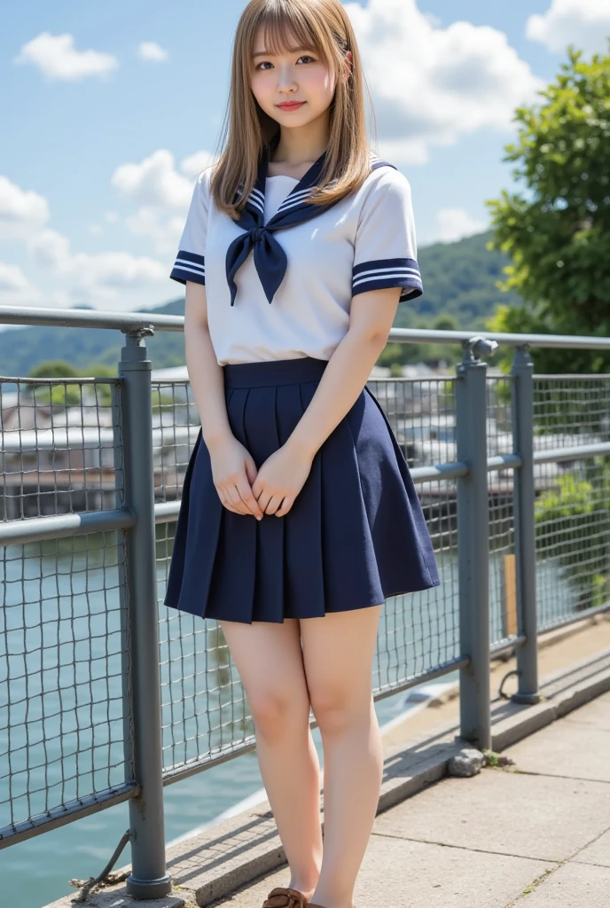 1girl,(((Okinawa ocean)))、(((White sand beaches in Okinawa)))、(((Just join your hands and pray)))、(((Mysterious look)))、8k UHD、Digital single-lens reflex camera、High resolution、Shallow depth of field、Natural light、(((Sailor suit)))、へそ出しルック、(((navy blue super mini skirt)))、(((A sparkling, charming smile)))、(((Full body photography)) )、Small person、(((Young face)))、1 Japanese female、12 years old;beautiful girl、(Black Hair)、A strong wind blows up my skirt、(((Brown eyes)))、Glowing Skin、Smooth Thinning Hair、Long Hair、Detailed background、Detailed eyes and face、Clear Eyes、Cute smile、Calm atmosphere、(((stage)))、(((Small breasts)))、(((Beautiful Eyes)))、Flat chest、Children、(((Toned thighs))) 、(((Angle from below) ))、(((Fine lips)))、(((Skirt fluttering)))、Shining beautiful legs、( Skirt fluttering violently in the strong wind :1.4),   (hair blowing in the strong wind:1.4), (leaning forward)、barefoot、barefoot、((((A skirt flipped up by a strong wind))))