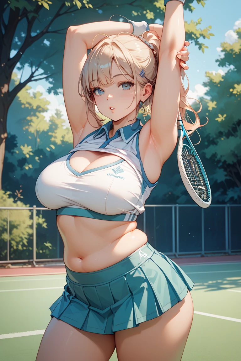 ((Best Quality)), ((masutepiece)), Perfect face, (huge breasts), blonde hair, long twintail, tank top, shorts, tennis coat, playing tennis, (loli:1.5), blushed face, full body, Navel, sullenness, red eyes,