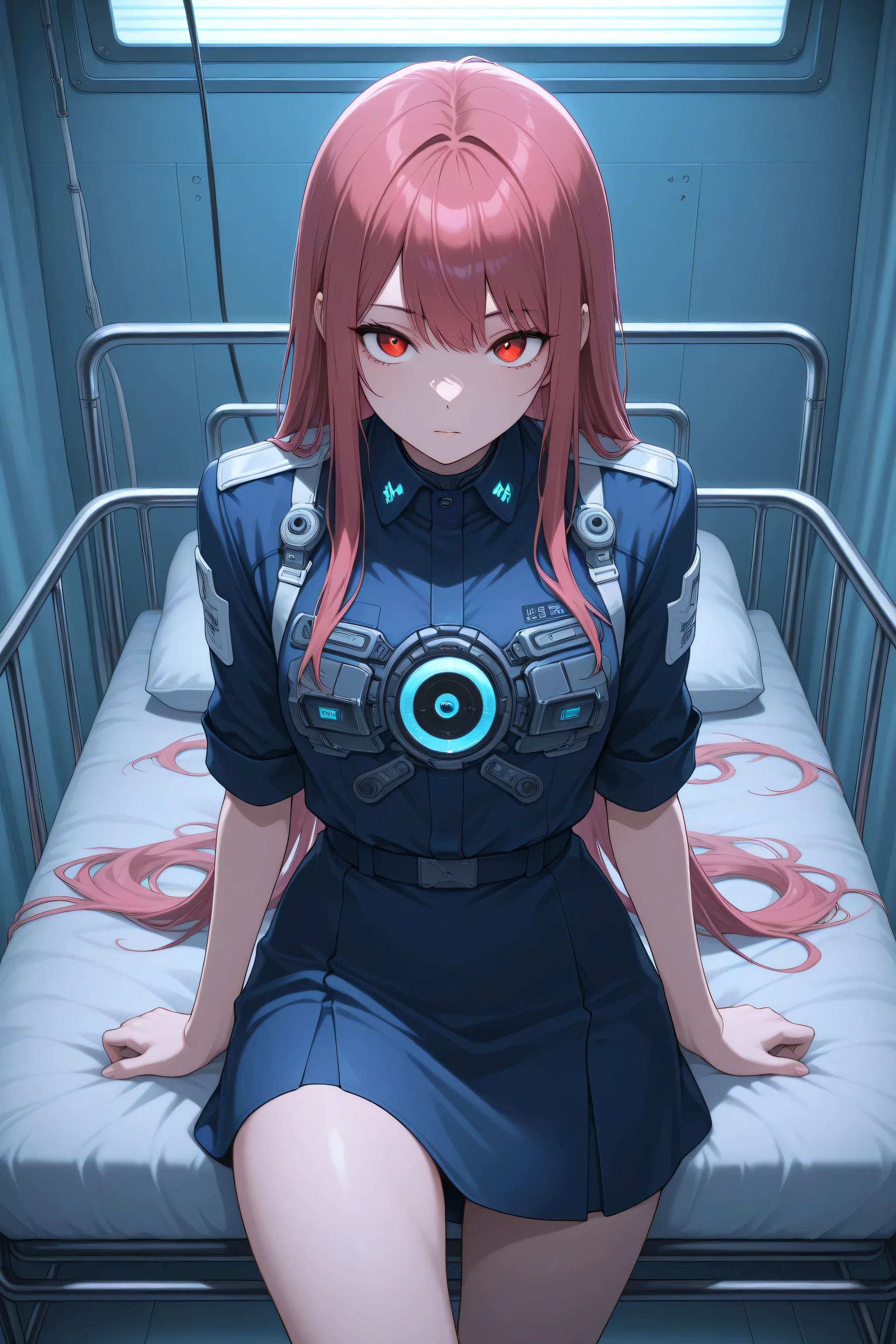 Masterpiece, best quality, delicate illustration, latest, very aesthetic, sharp focus, subjective, girl, futuristic uniform, skirt rolled up, in a futuristic hospital bed, eyes open and staring at you, street fashion in 3025, cyber, futuristic clothes, cowboy shot