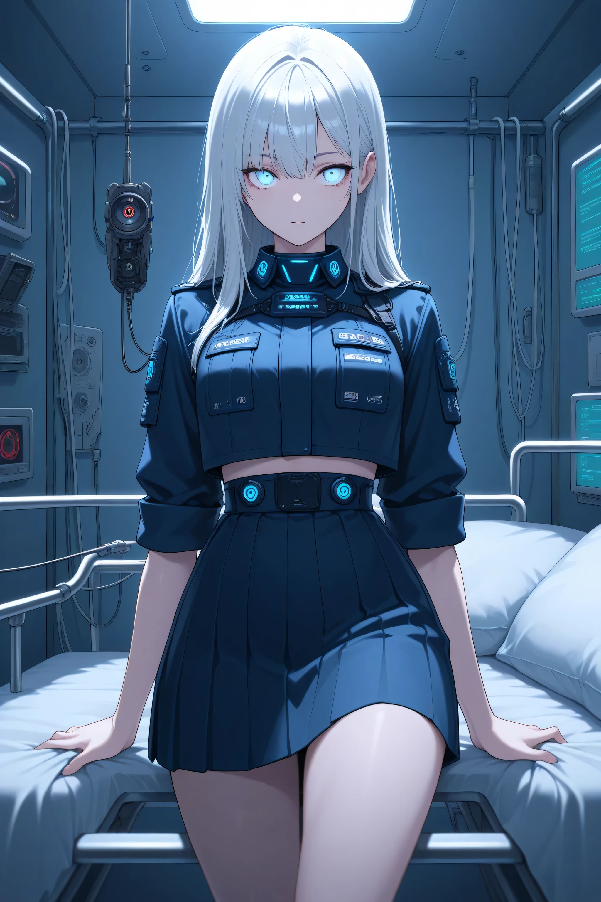 Masterpiece, best quality, delicate illustration, latest, very aesthetic, sharp focus, subjective, girl, futuristic uniform, skirt rolled up, in a futuristic hospital bed, eyes open and staring at you, street fashion in 3025, cyber, futuristic clothes, cowboy shot