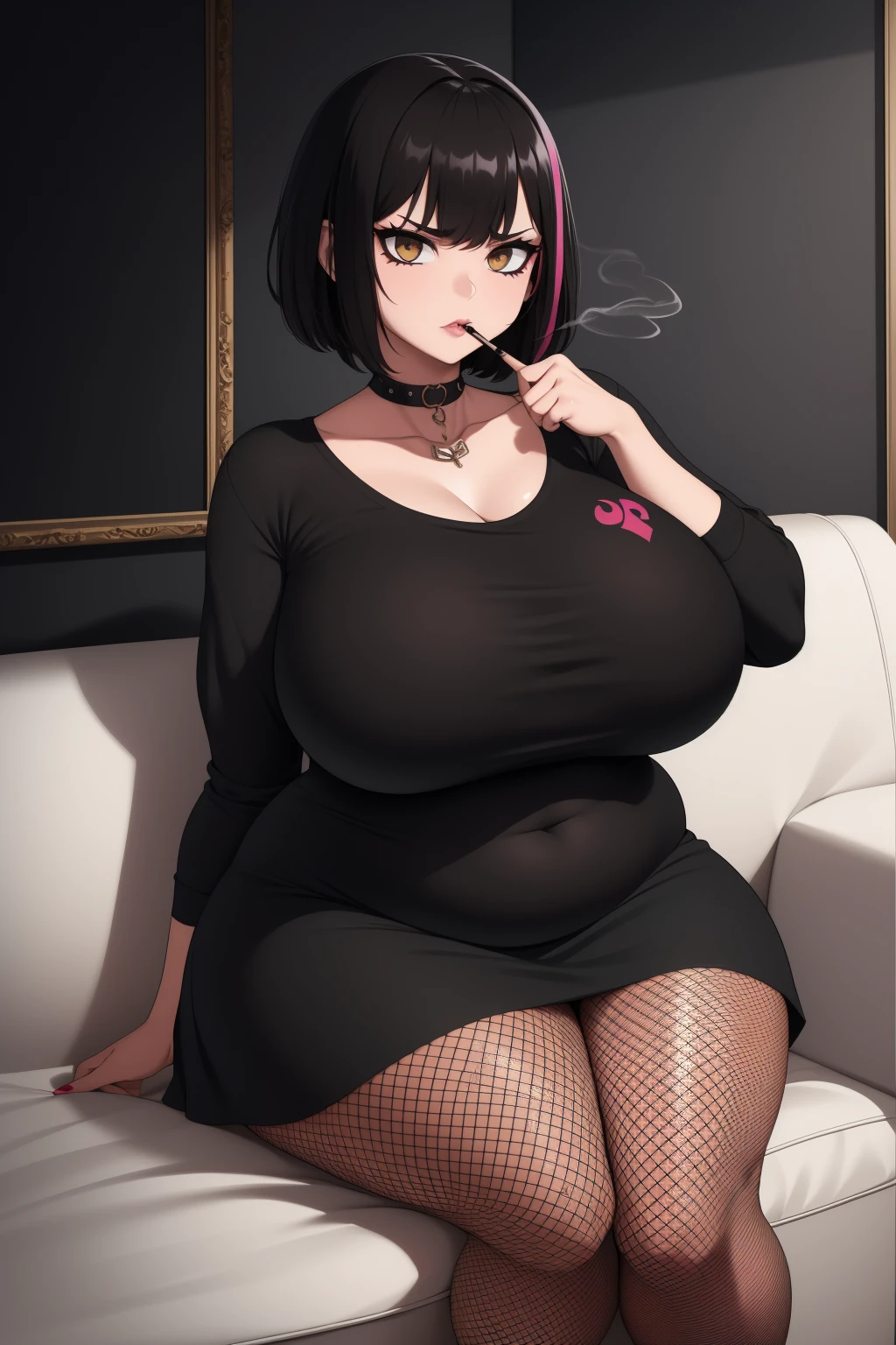 1 girl, ((masterpiece, side light, beautiful eyes: 1.2), Super detailed, ultra high resolution, high quality make up, beautiful detailed eyes), (highest quality:1), beautiful,(black hair:1.3), dark brown eyes, big breasts, (asymmetrical bob cut:1.2),(Forehead:1.2),boobs for days,huge boobs,(Plump:1.4),(winding:1.4),(Chubby:1.4),(Chubby:1.4),(low length:1.4),(short legs:1.4),(cylindrical body type:1.4)