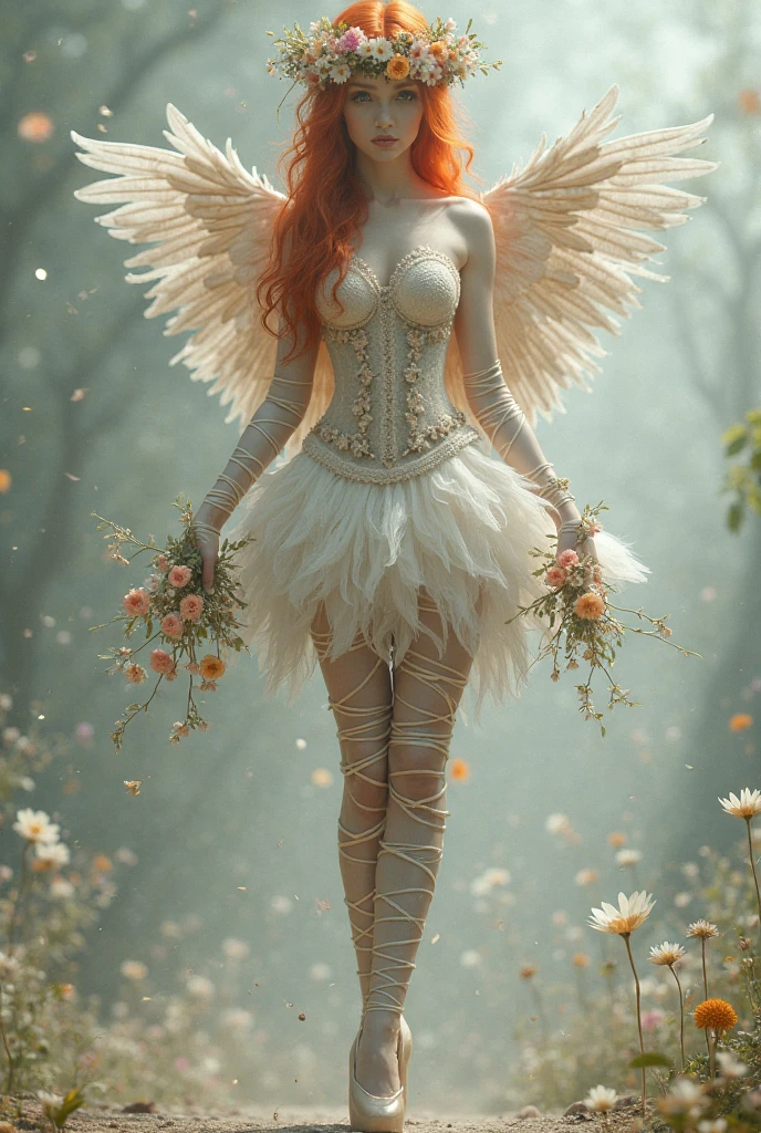I need a portrait of a red-haired woman dressed as an angel where her outfit is a white corset, a short white pastel skirt, white fishnet stockings and white gothic boots