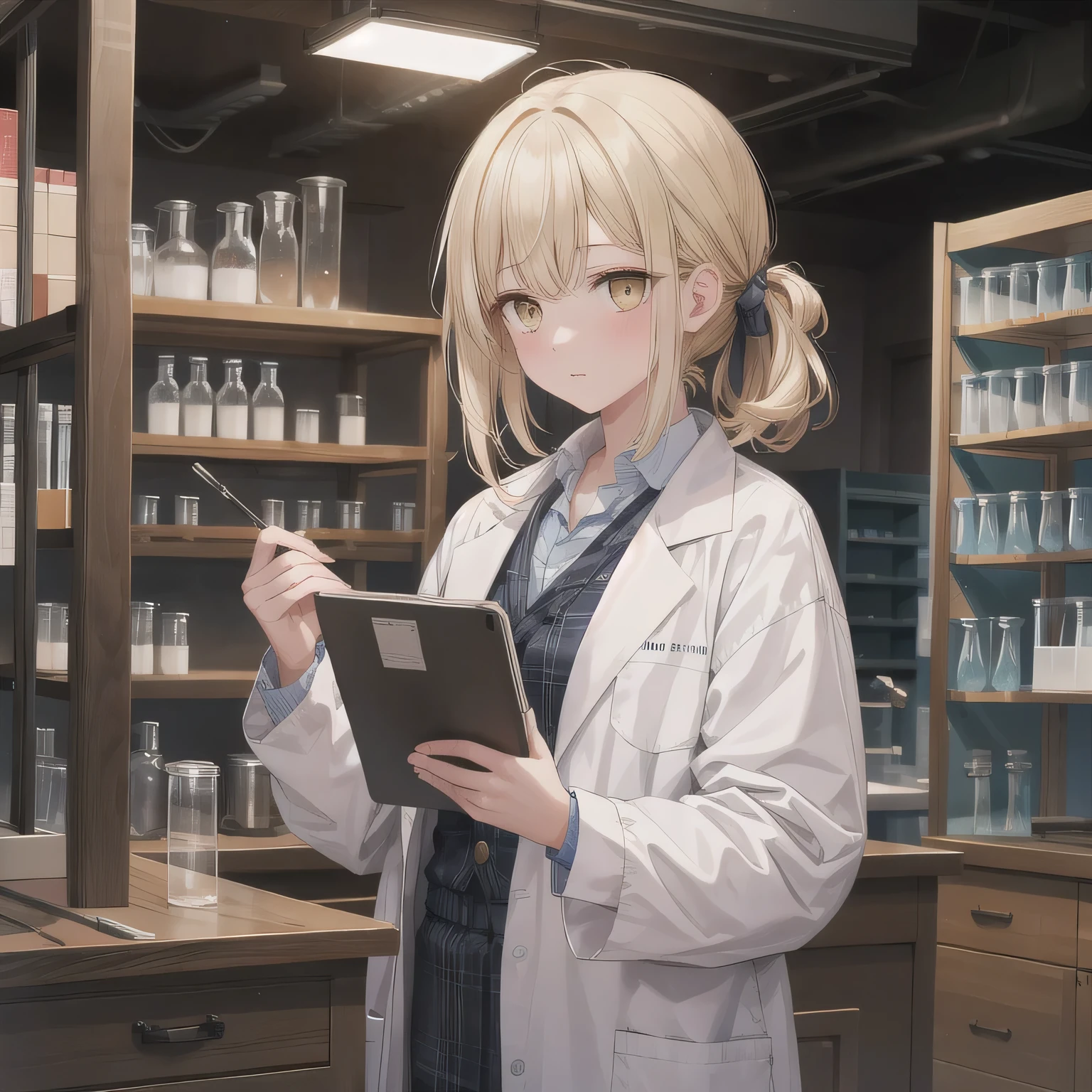 Depict a 20-year-old, stunningly beautiful woman conducting an experiment in a well-equipped science lab. She wears a pristine white lab coat over professional attire, her expression focused as she carefully handles scientific instruments. Whether her hair is long and neatly tied back or short and styled, she maintains a meticulous appearance suited for the lab environment. The background features shelves filled with scientific equipment, adding to the immersive atmosphere of the setting. Long hair, blonde hair, golden eyes.