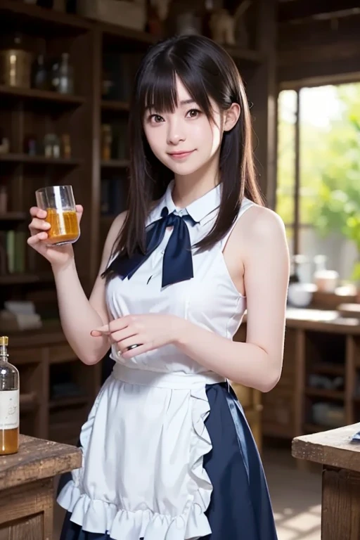 １girl, ((masterpiece,best quality,extremely detailed )), seductive smile, kawaii and cute, blue eyes, medium breasts,breasts out, nsfw, best quality, 1girl, Hashimoto Kanna, black hair, smile, looking at viewer, peeing in cup, cup, mug, squatting, detailed beautiful face, nsfw, Idol uniform, dirndl, black hair, medium breasts,public hair, bare breasts, squatting on top of a bar, peeing into a beer mug, holding beer mugs, on stage, ((Pouring pee into a glass below the crotch)),smile, blush, shiny skin, Kanna, ((breasts out))
