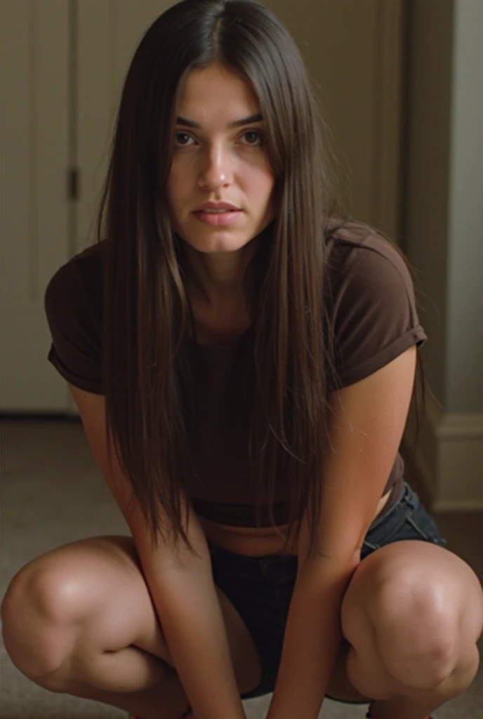 arafed woman mopping public school floor, kneeling on the floor with a black object in her hand, dressed in a white t shirt, wearing a white hospital gown, stood in a lab, at the hospital in patient gown, wet shirt, clothed in white shirt, 2 4 year old female model, in white clothes, close body shot, wearing a wet white short dress