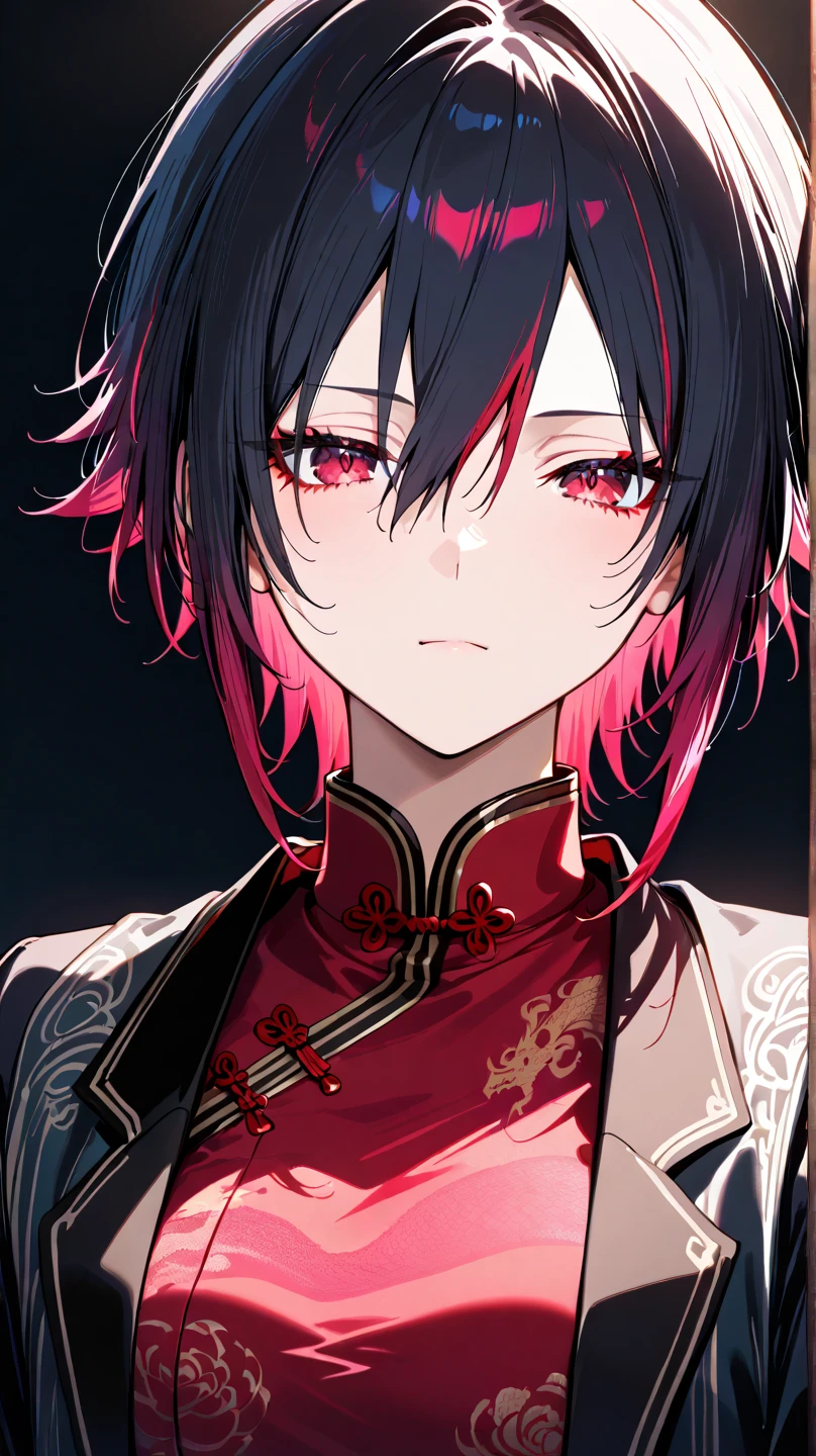 8k, best quality, ultra high res, cyberpunk style, sci-fi, anime vampire boy,red white Black mixed hair, half red half purple eye color both eyes, wearing round glasses, silver cross necklace, black rings, fangs, smile, wearing a big cybercoatwith different lighting in it , long big cybernetic scythe, outside nightclub on Japanese street, cybergothic